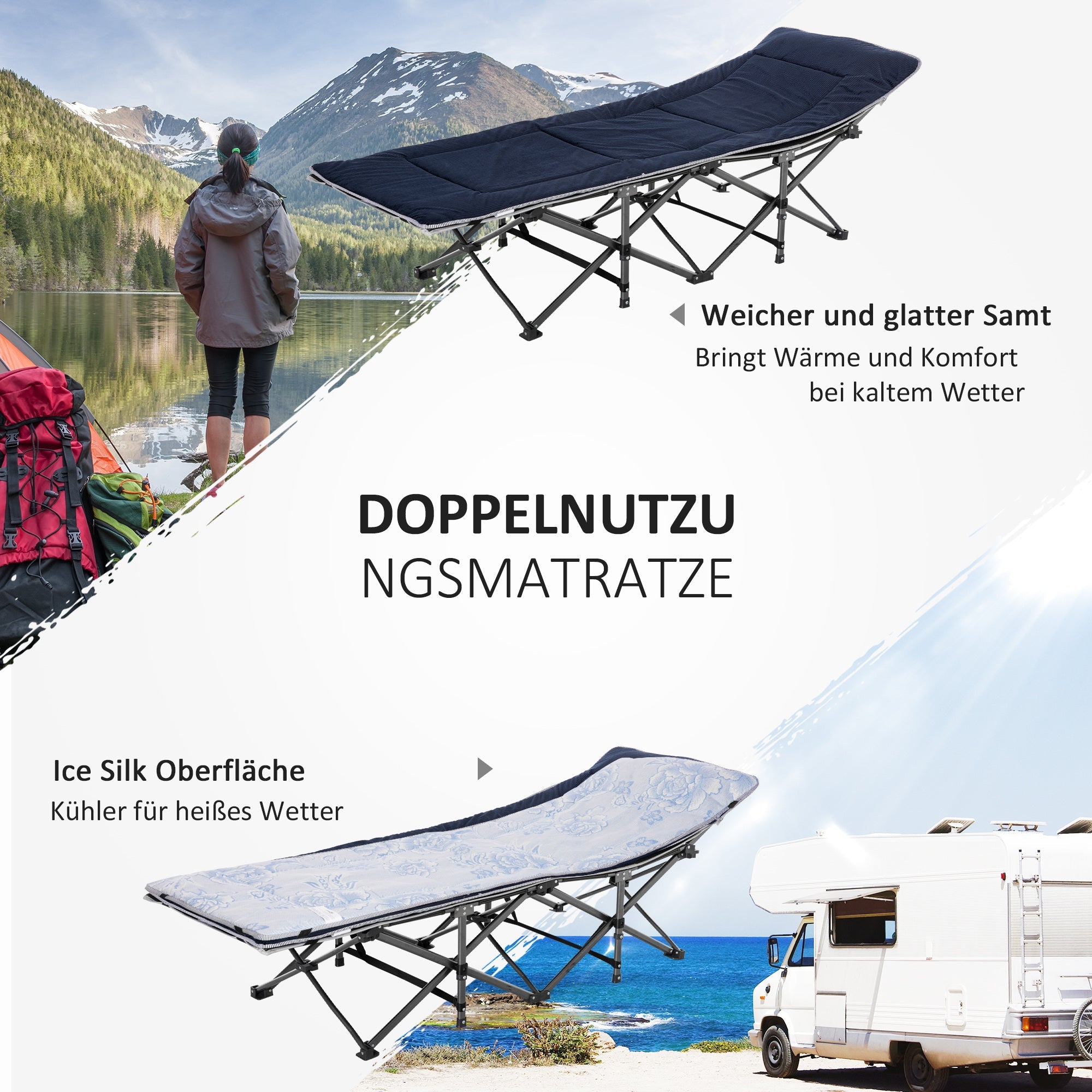 Folding Camping Bed, Portable Guest Bed with Pillow & Side Pocket 150kg, Oxford Dark Blue/Grey