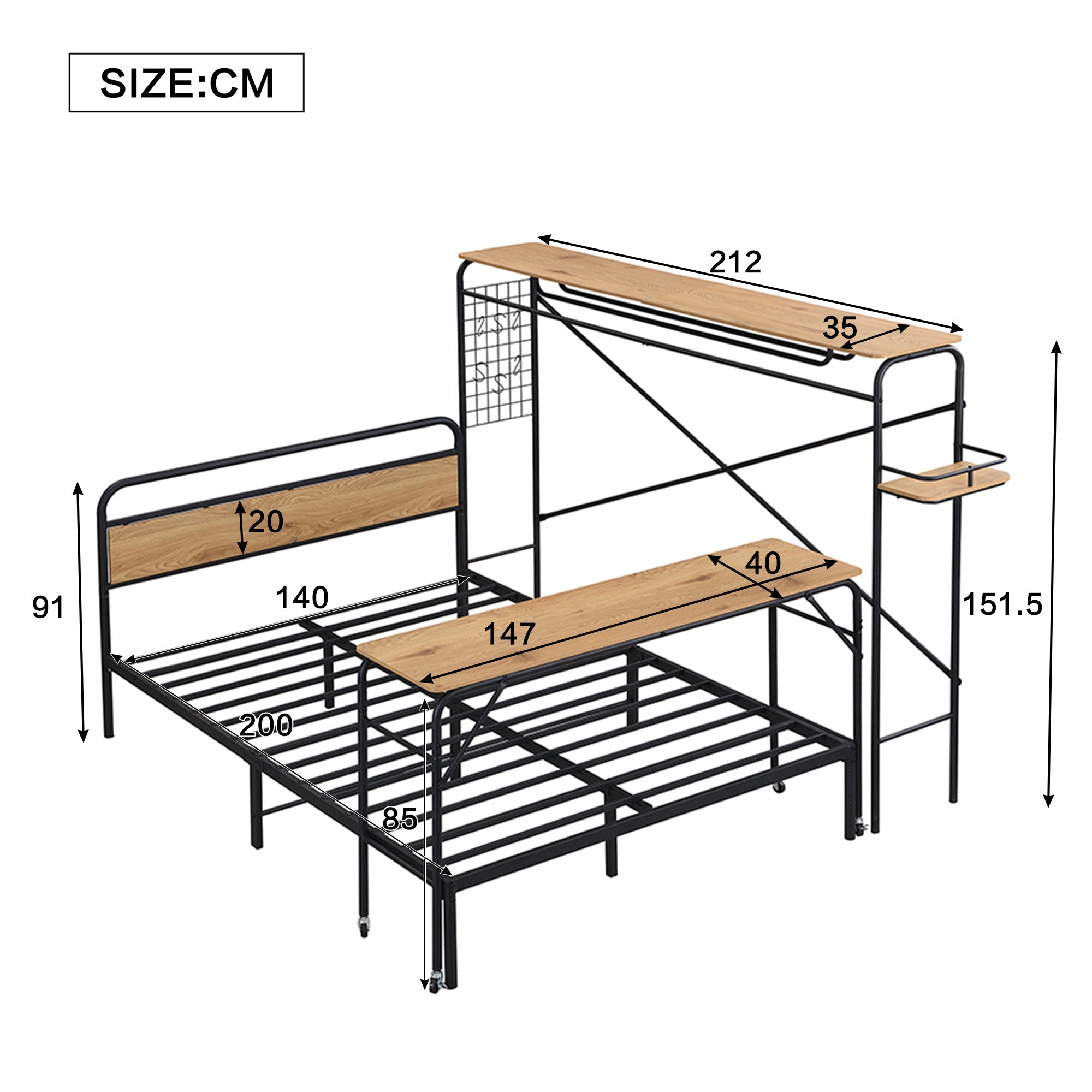 Metal Bed, Flat with Table & Coat Rack, Black & Natural Wood