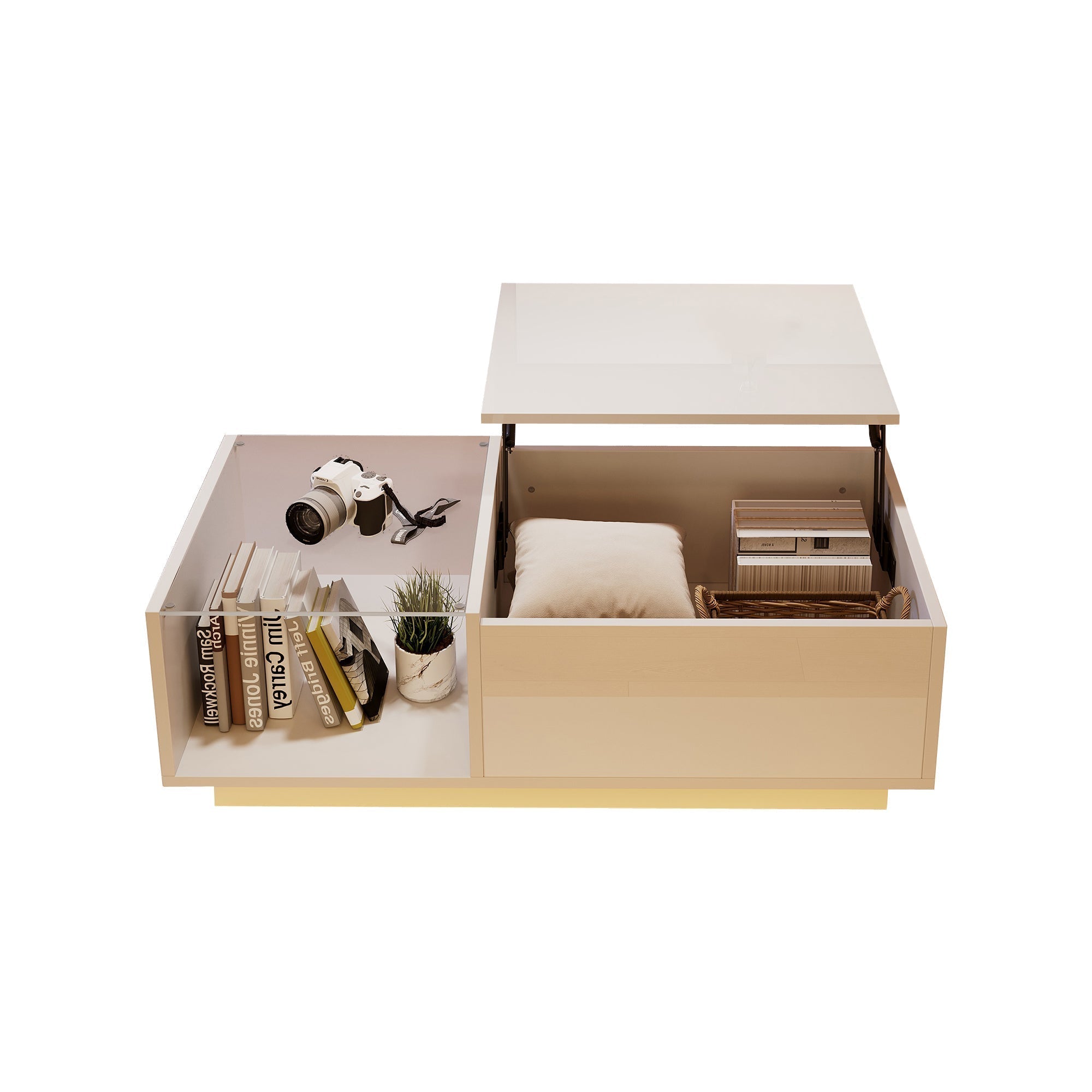 LED Coffee Table, High-Gloss Height-Adjustable Hidden Storage 50x100 cm