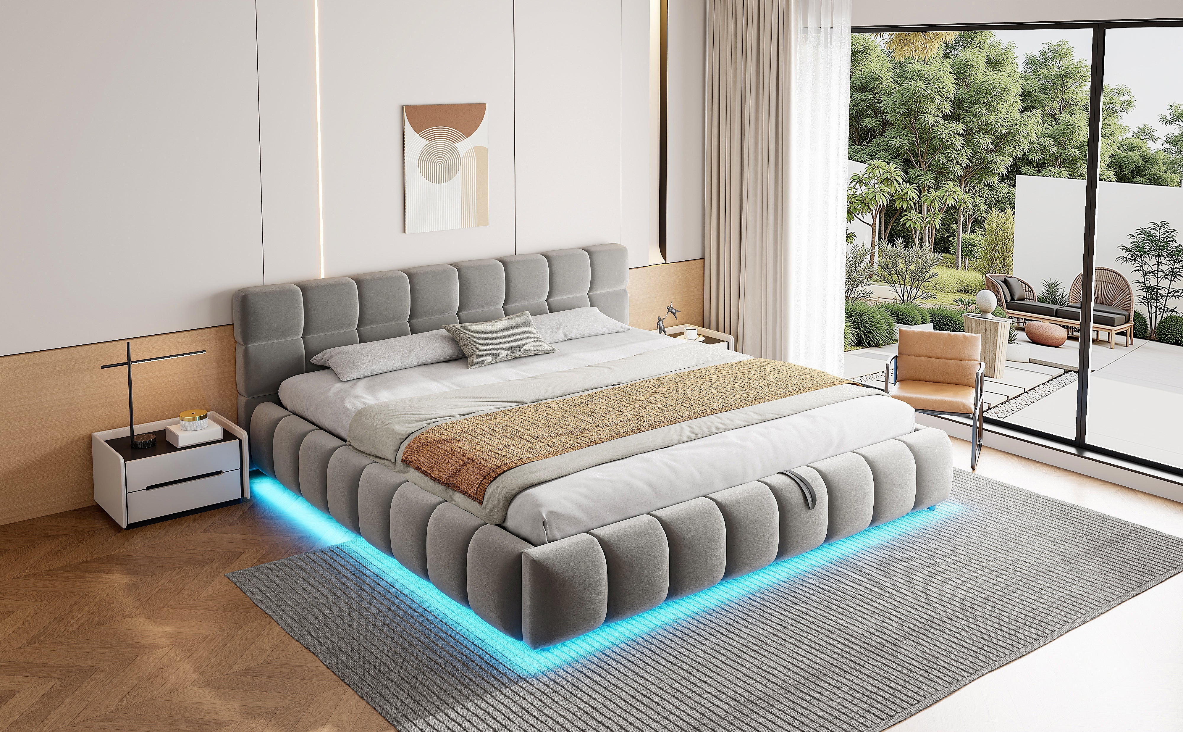 Upholstered Double Bed with Light Strip and Hydraulic Storage, 180x200cm, Grey Velvet