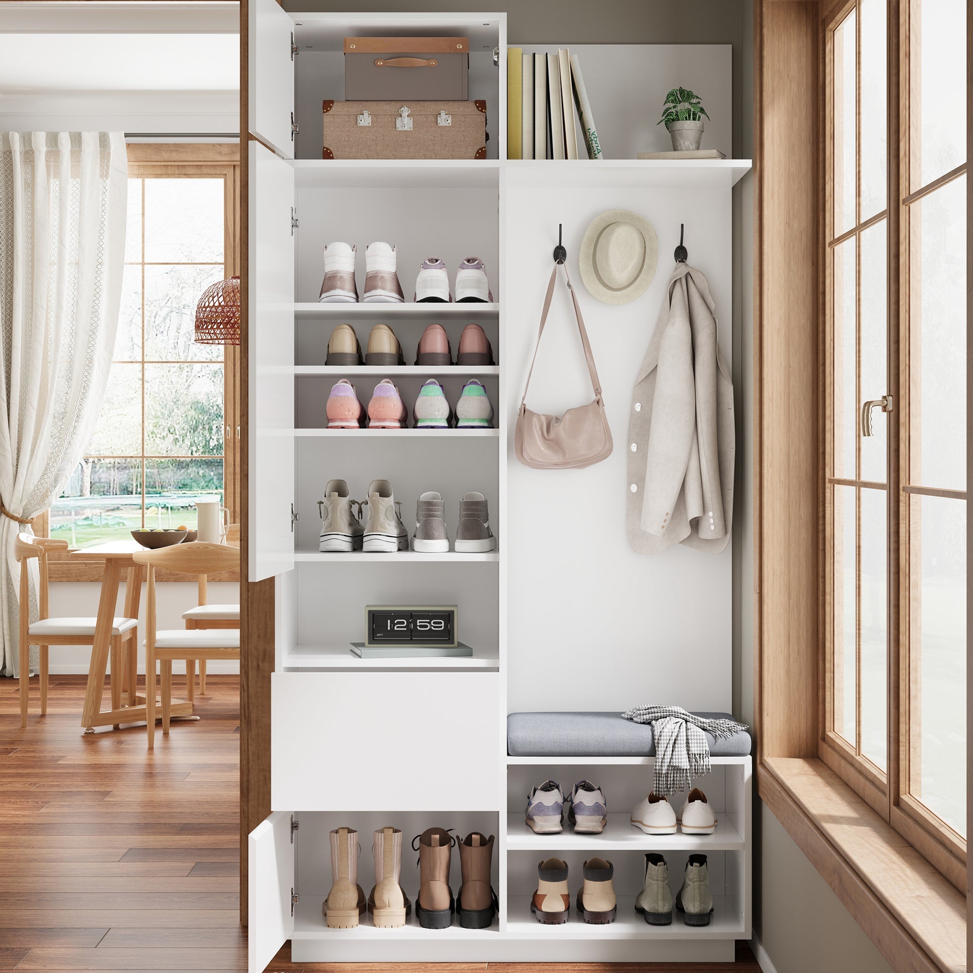 Compact Wardrobe with Mirror, Bench & Shoe Cabinet, White MDF