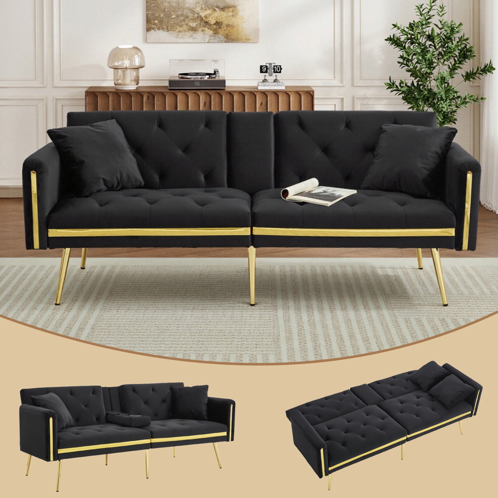 Two-seater Sofa Bed with Adjustable Backrest, Gold Accents, and Cup Holders - Velvet