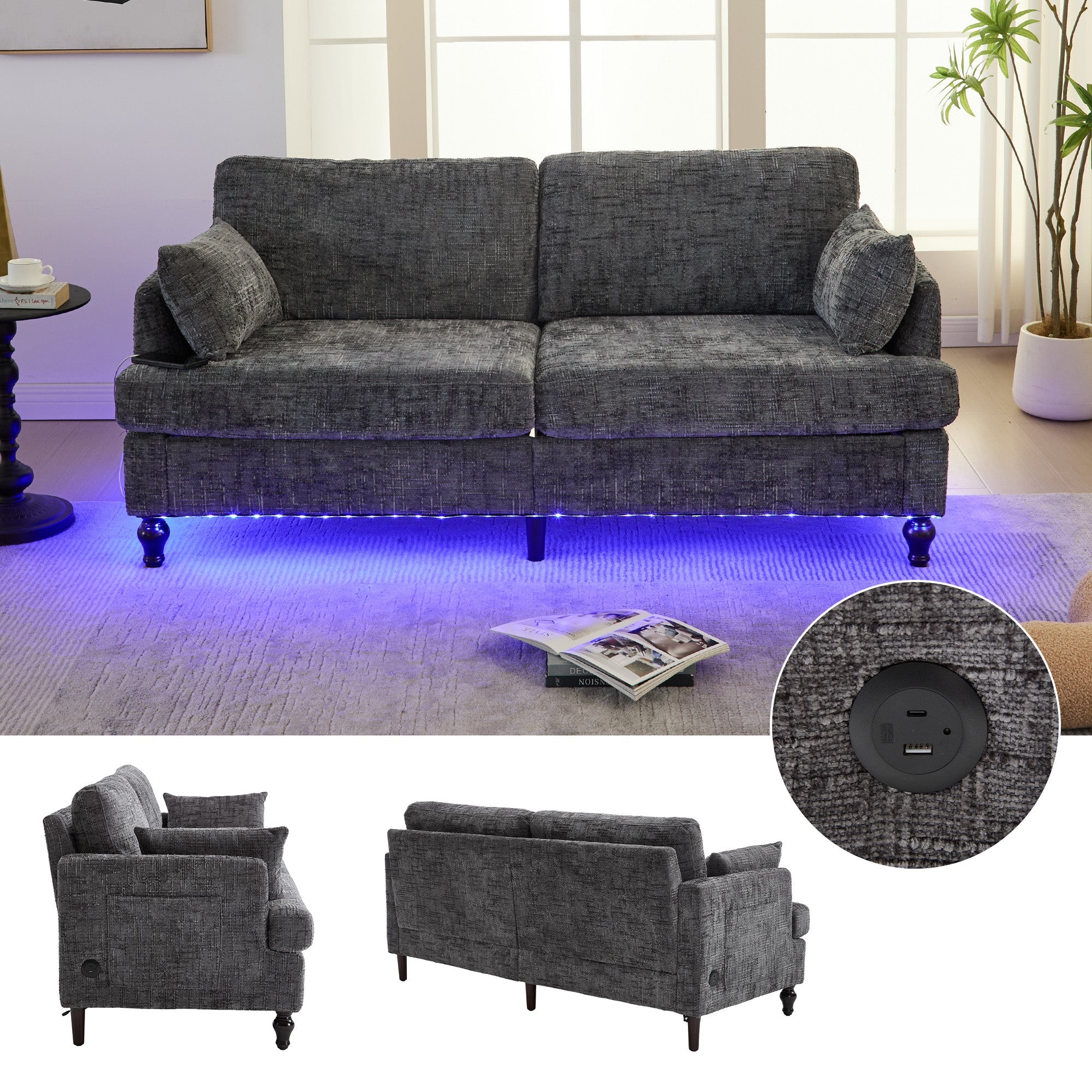 Sofa, 2-Seater with LED, USB, Storage, Chenille