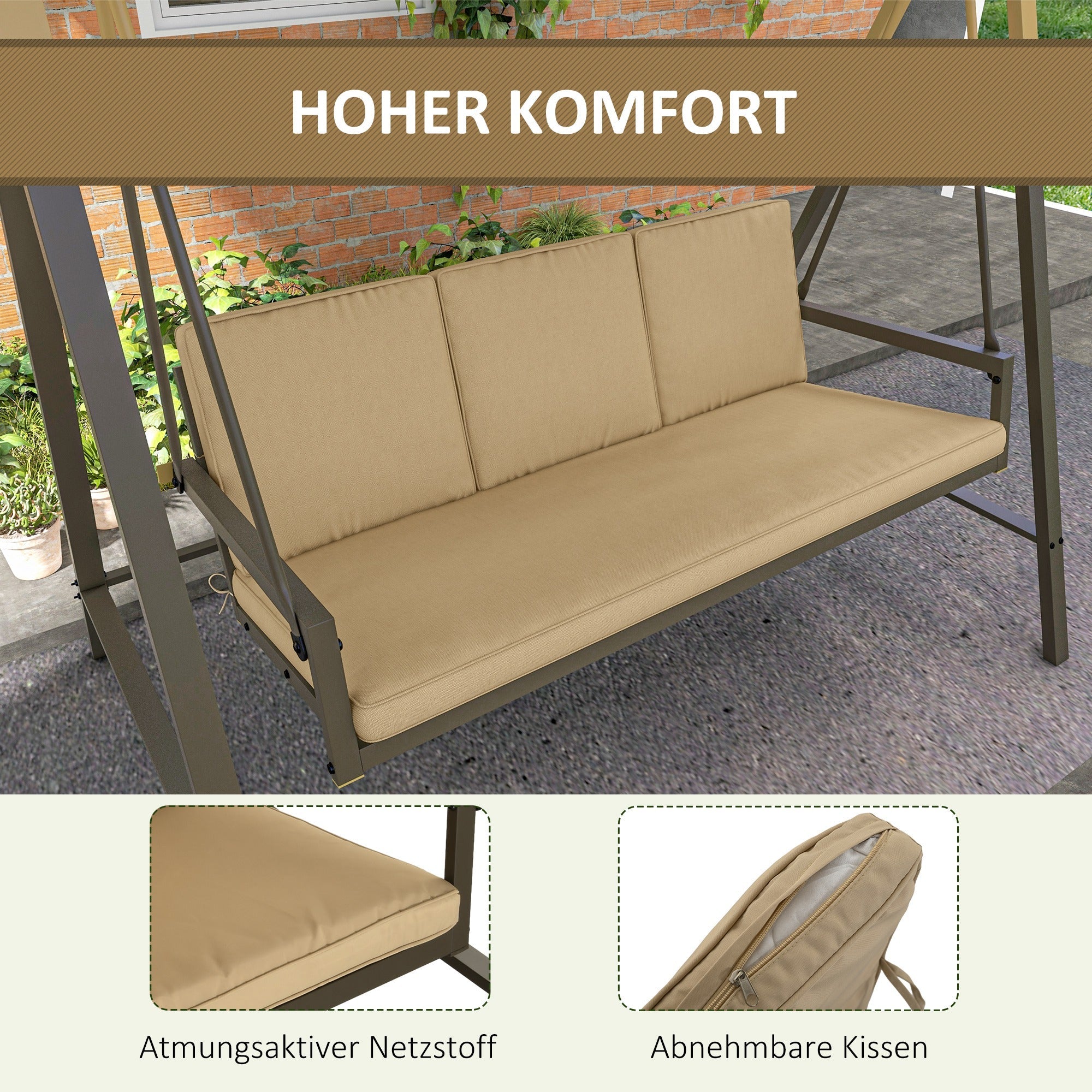 Hollywood Swing Set 3-Seater Adjustable Canopy Back Cushions 360 kg Beige