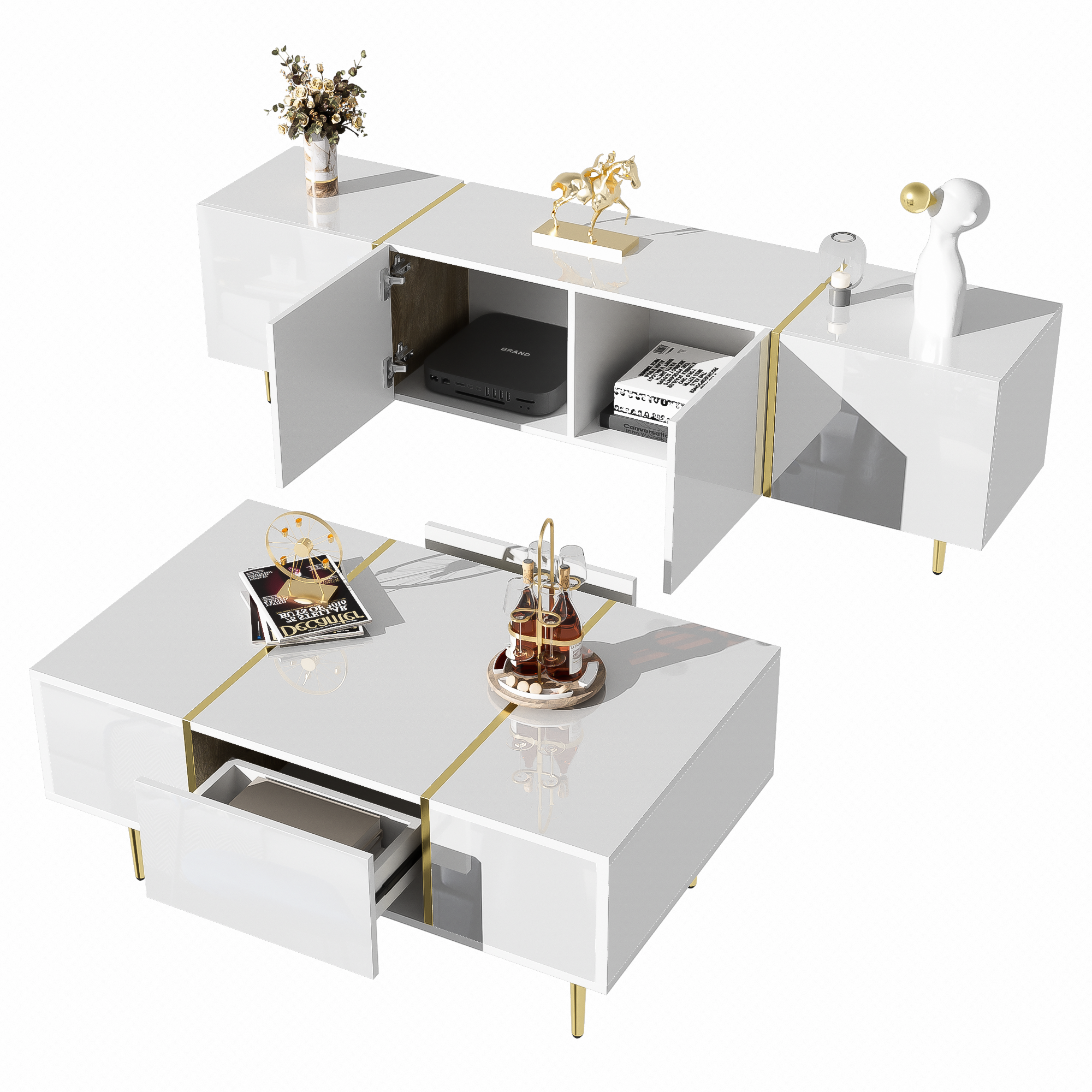 TV cabinet and coffee table set, modern high-gloss white