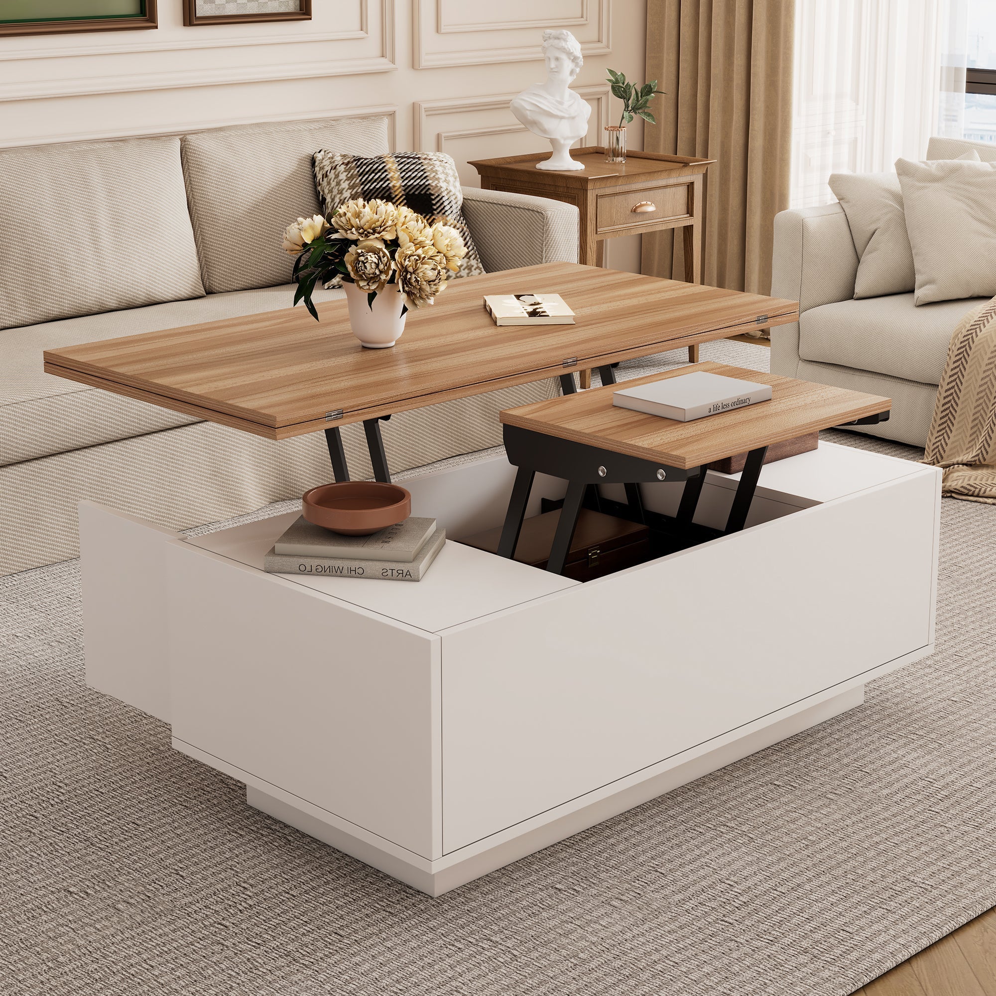 Lift Up Coffee Table Hidden Storage, 2 Lifting Platforms, White + Wood Particleboard