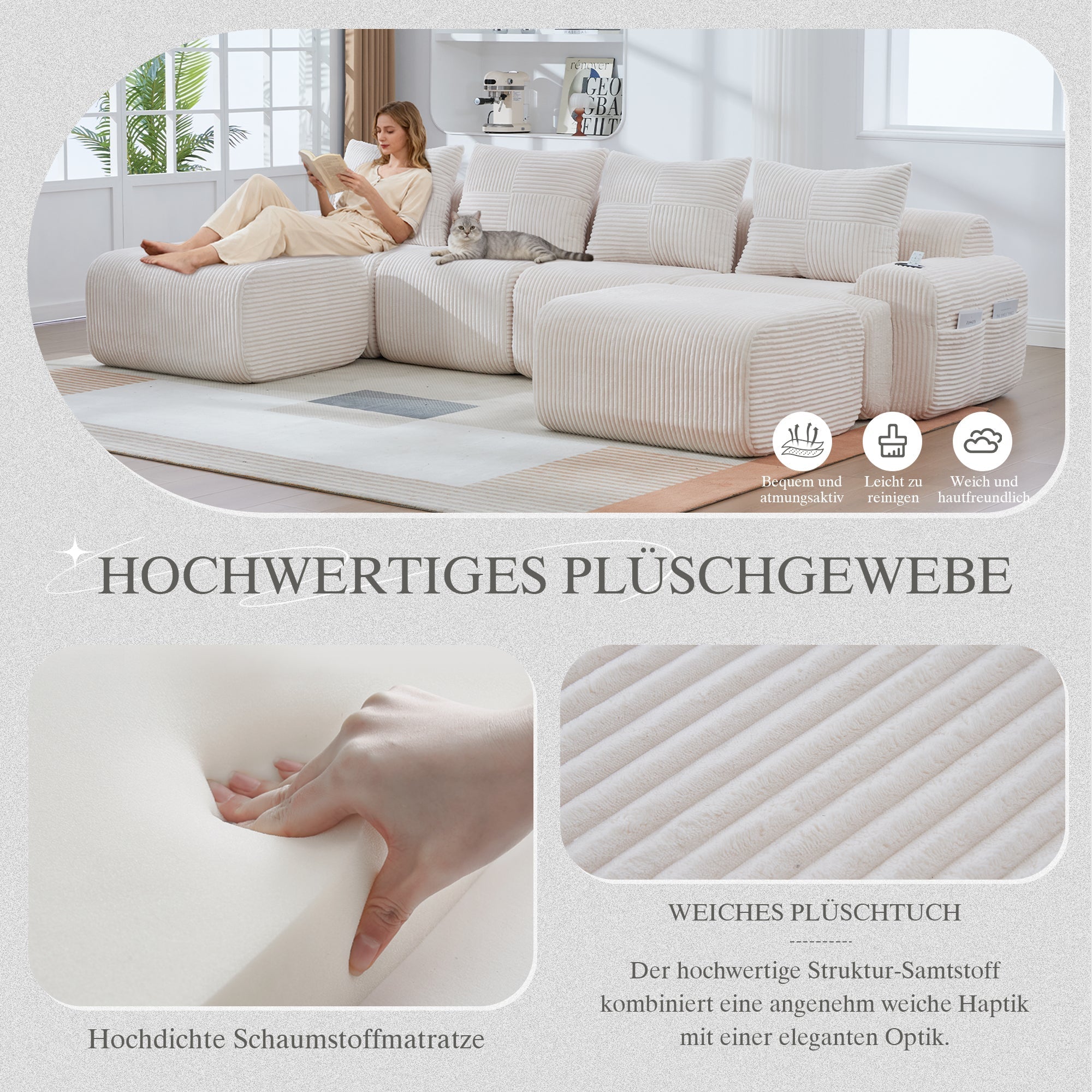 Modular Corduroy Sofa, 4-Seater with 2 Ottomans, Cup Holders and Storage, Beige