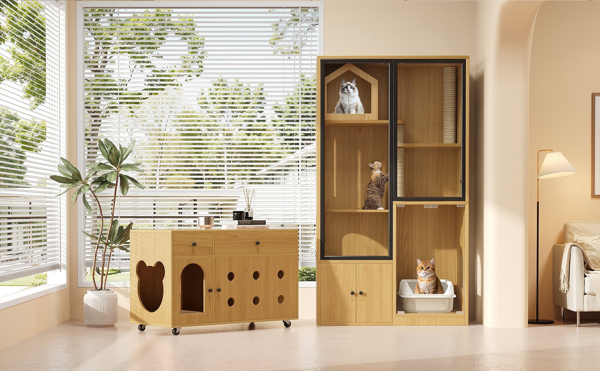 Cat Villa Litter Box Cabinet Glass House - Yellow Maple Wood Color