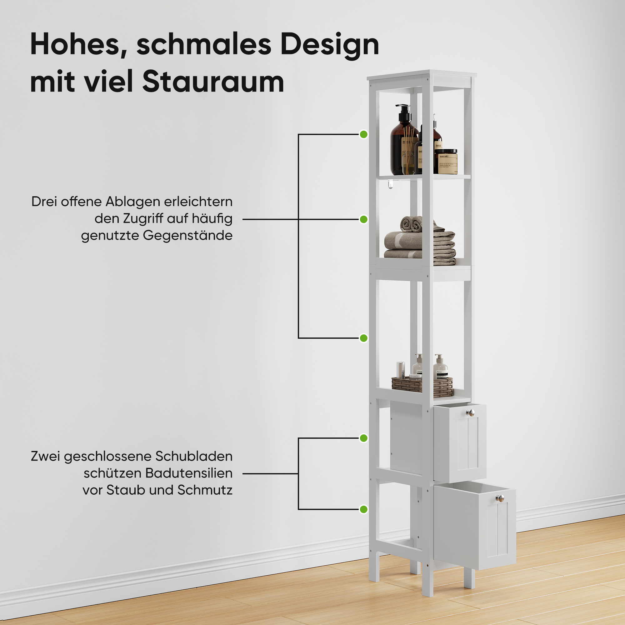 Narrow Tall Cabinet, Freestanding with 2 Drawers and 3 Shelves, White