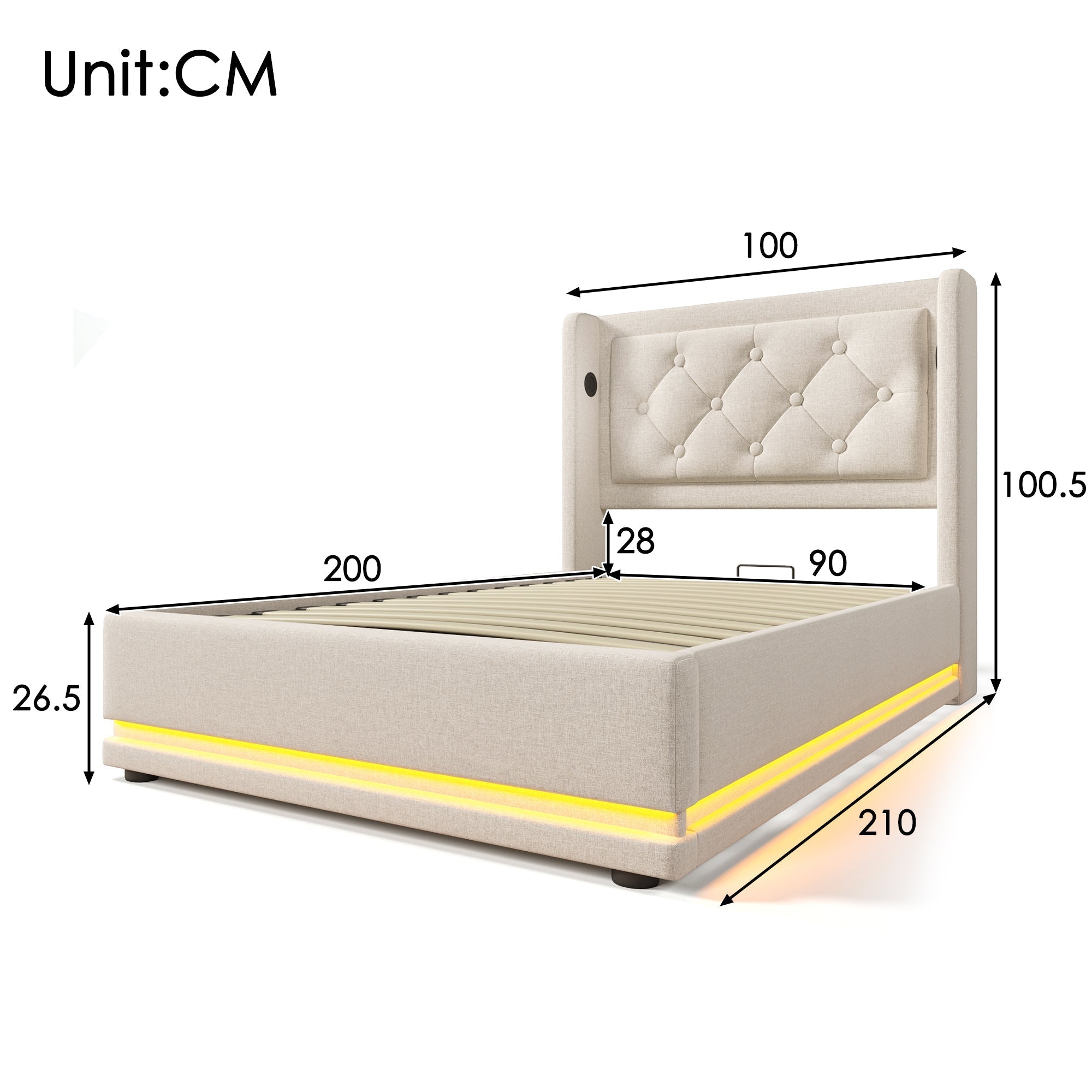 Upholstered Single Bed, 90x200cm Hydraulic Storage with USB & LED, Beige Cotton