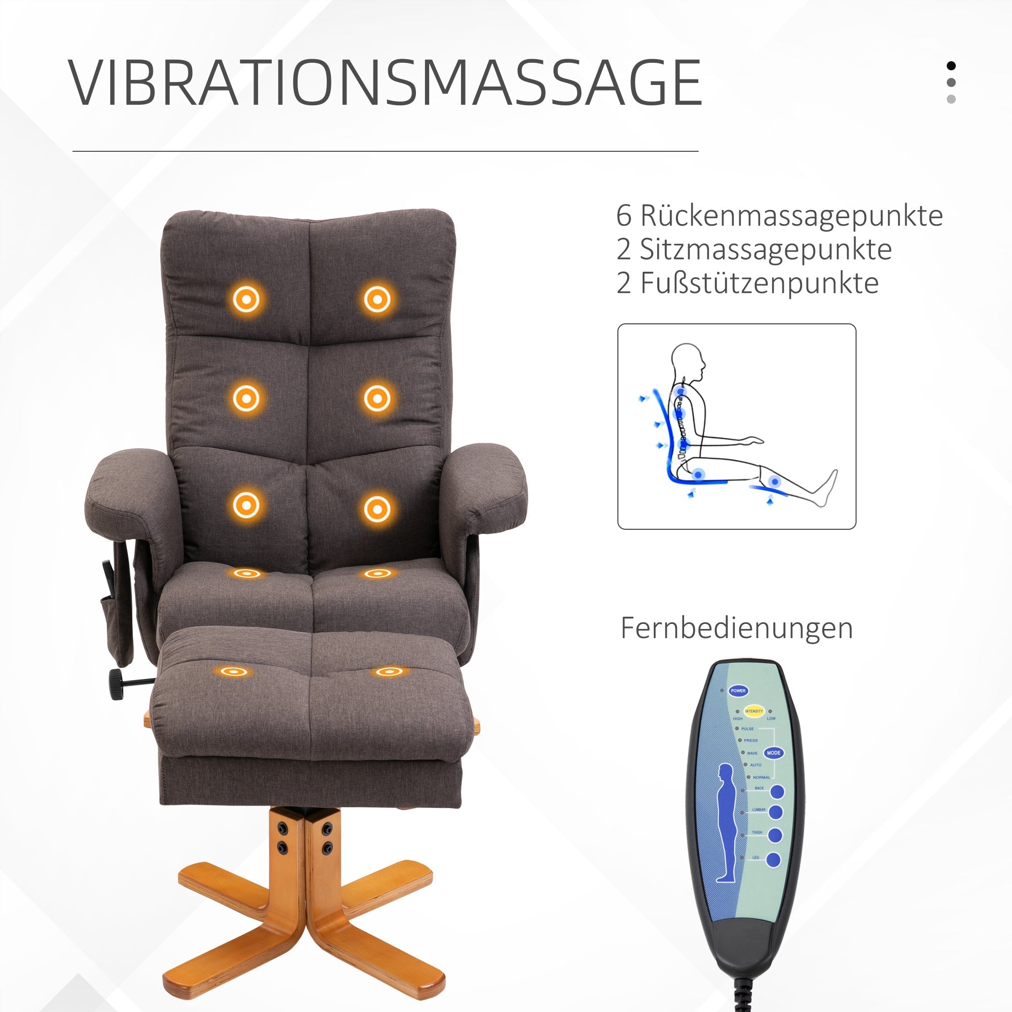 Reclining Massage Chair Footstool Storage 145° Recline, Brown Polyester