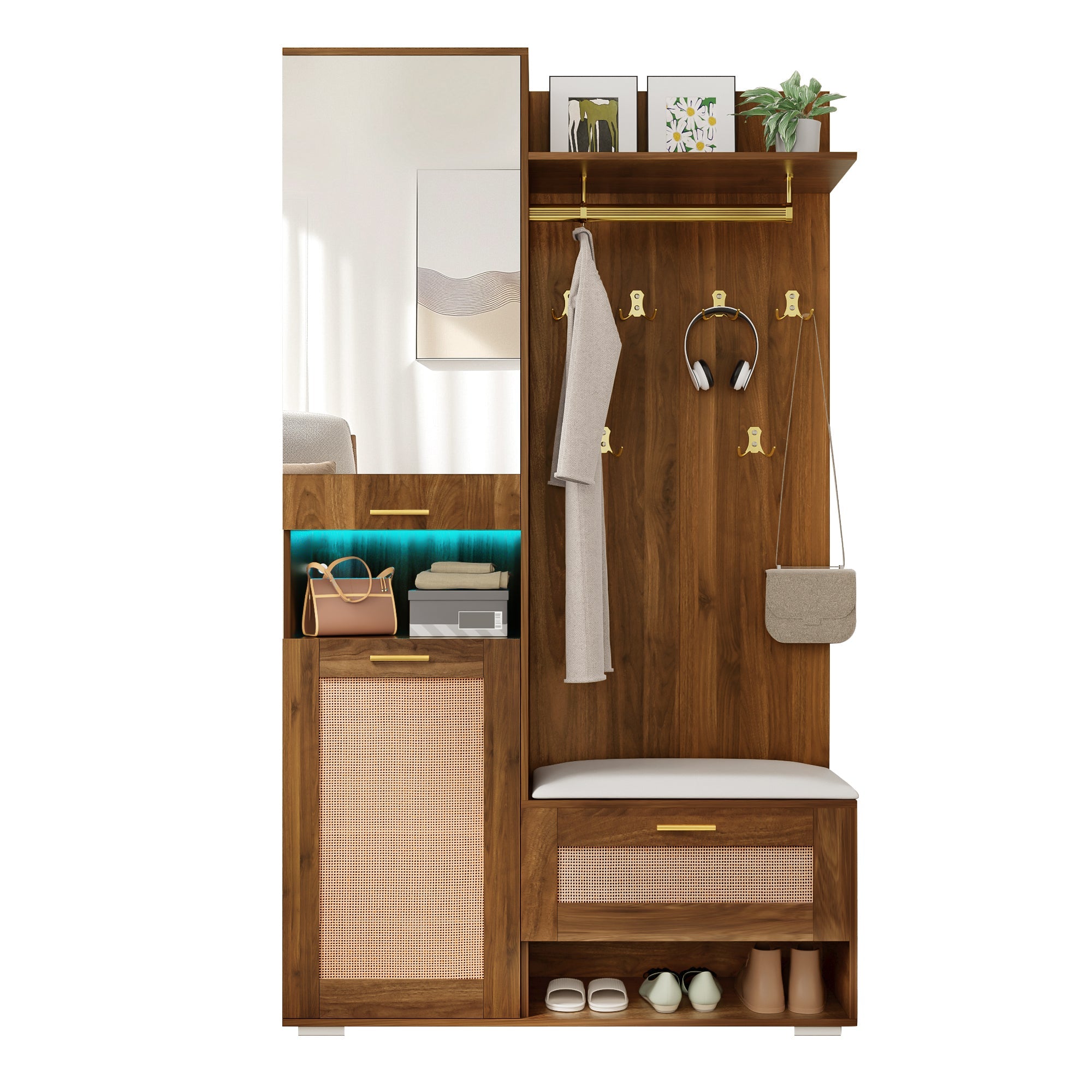 Wardrobe Set Mirror Shoe Cabinet Bench 6 Hooks - 16-Color LED Lighting