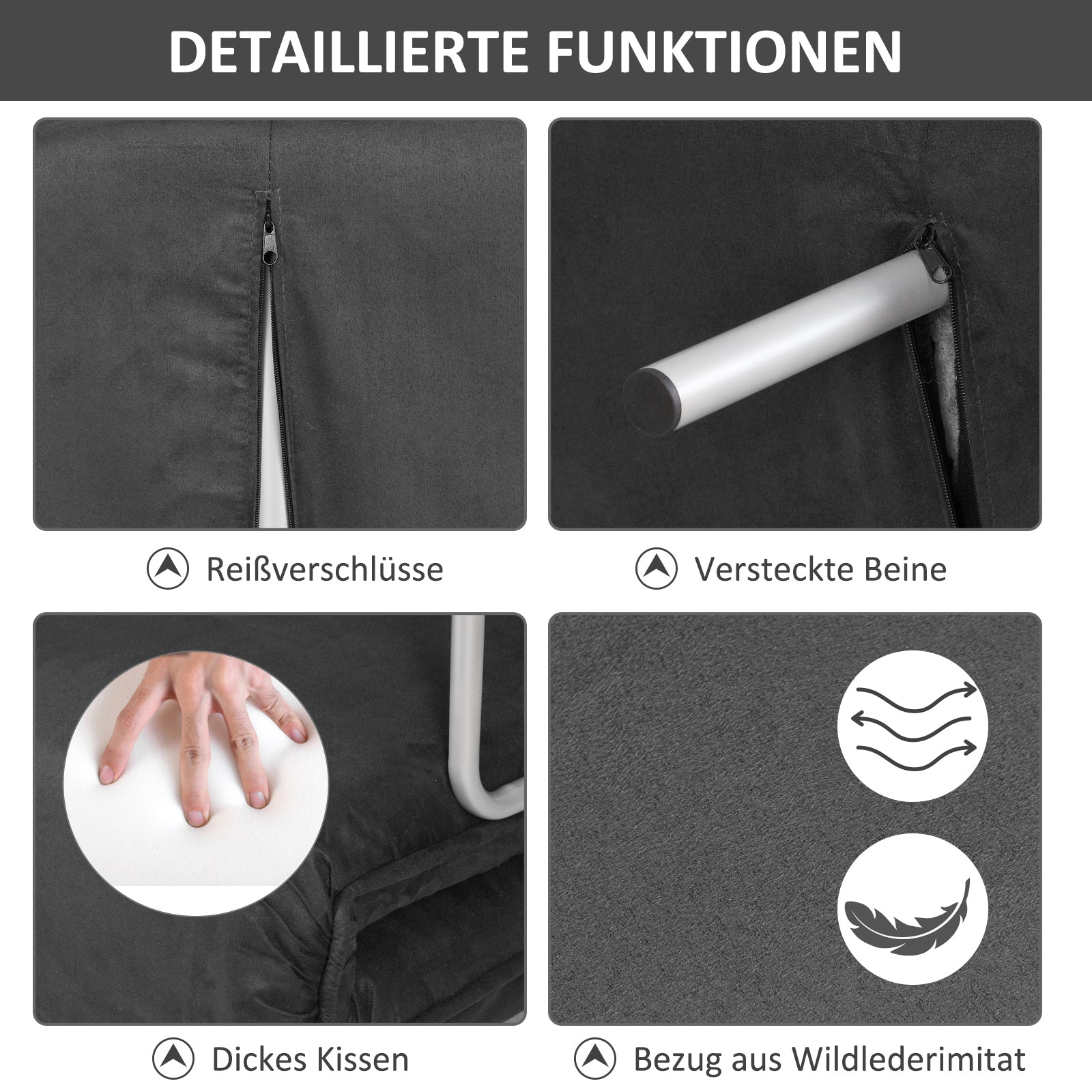 2-Sitzer Schlafsofa, Armlehnen klappbar, Gästebett, Wildlederimitat Grau