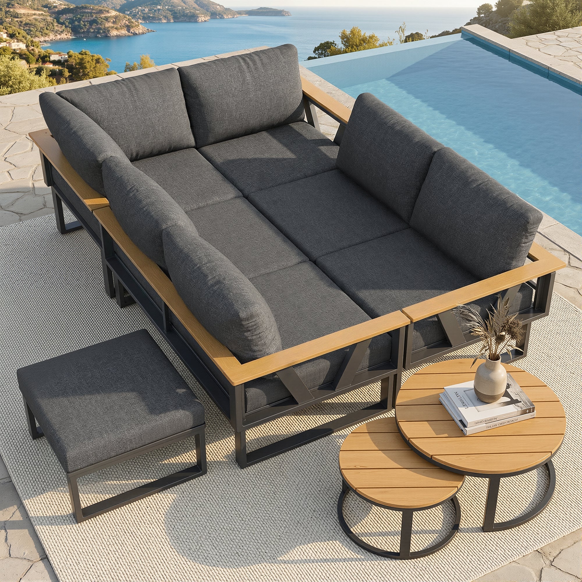 Modular Outdoor Seating Set with 9cm Cushions and 2 Wooden Tables, Grey/Beige