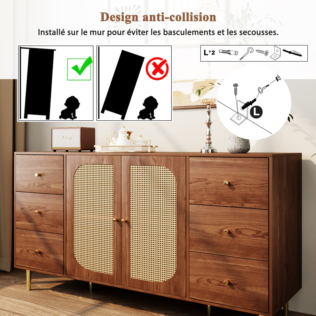 Rattan Sideboard Storage Cabinet with Drawer 160x40x90cm Brown Wood