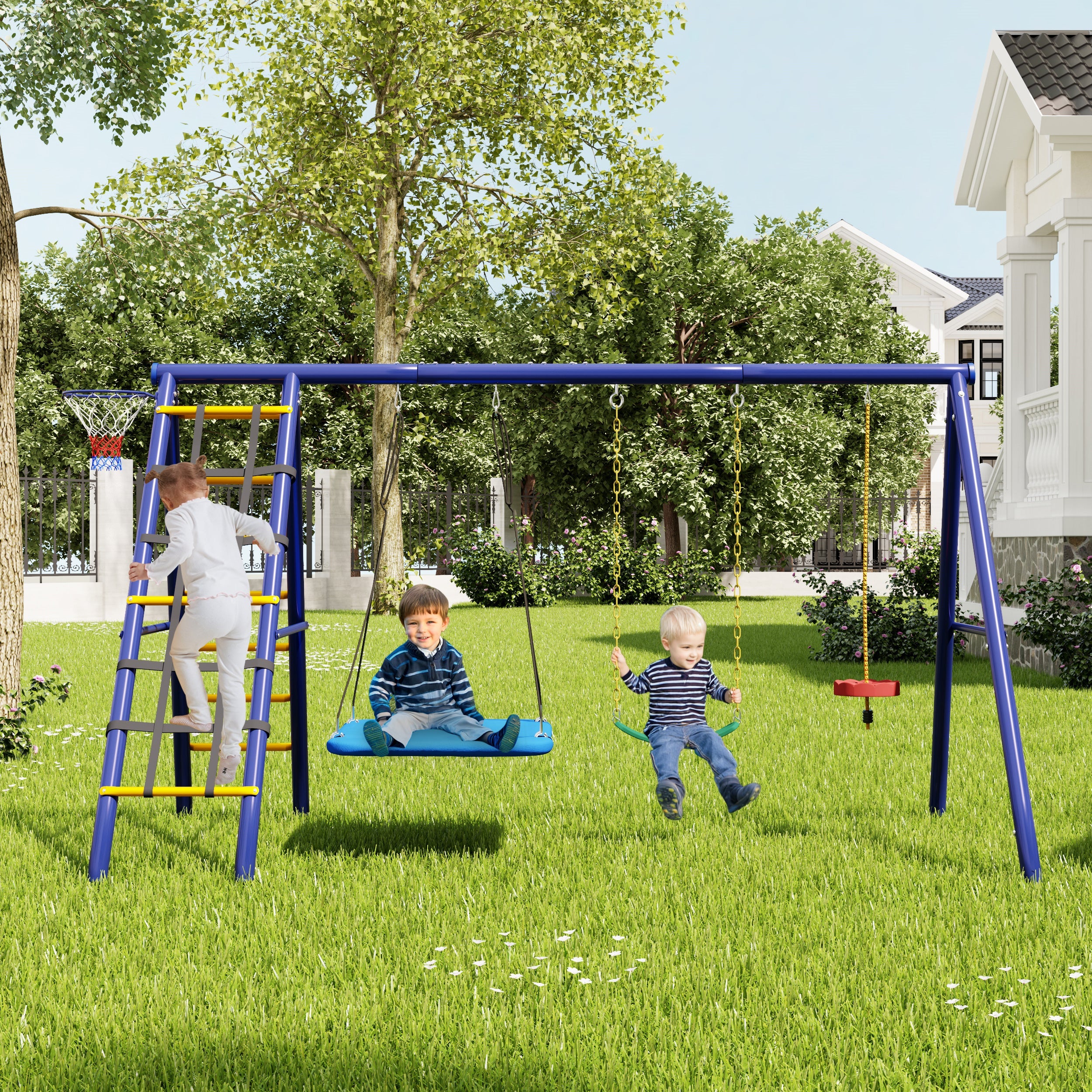 Multifunctional Outdoor Swing Set - 3 Swings, Climbing Frame, Basketball Hoop, Steel
