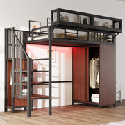 Metal Loft Bed 90 x 200 cm with Wardrobe, Safety Ladder and LED Lighting, Black