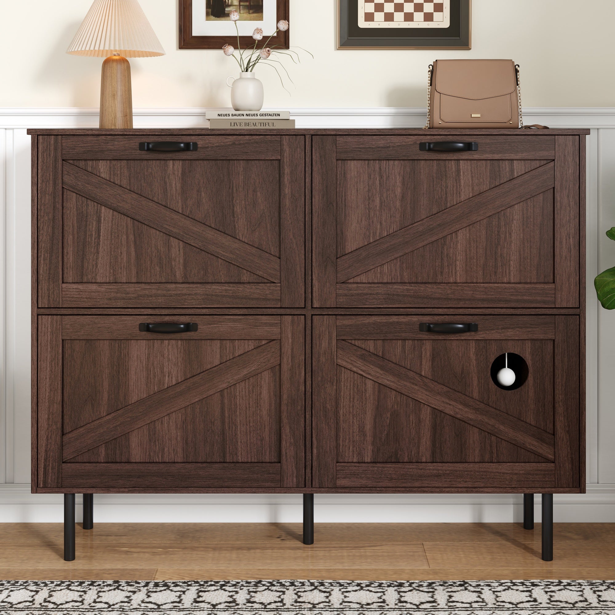 Narrow shoe cabinet with 3 flaps and pet toy storage, for hallway use