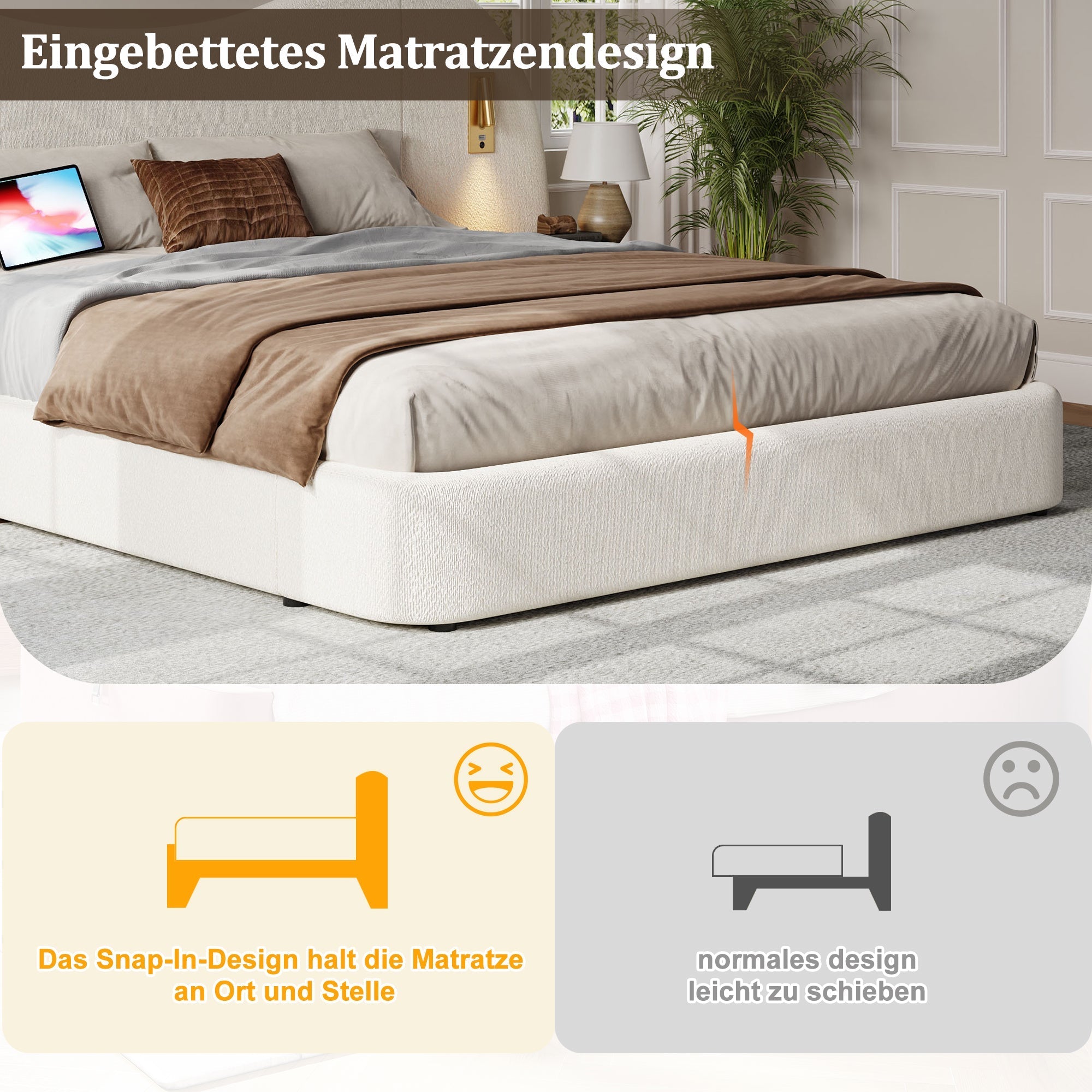 Upholstered Double Bed 180x200cm Hydraulic Storage USB Reading Lamp White Bouclé