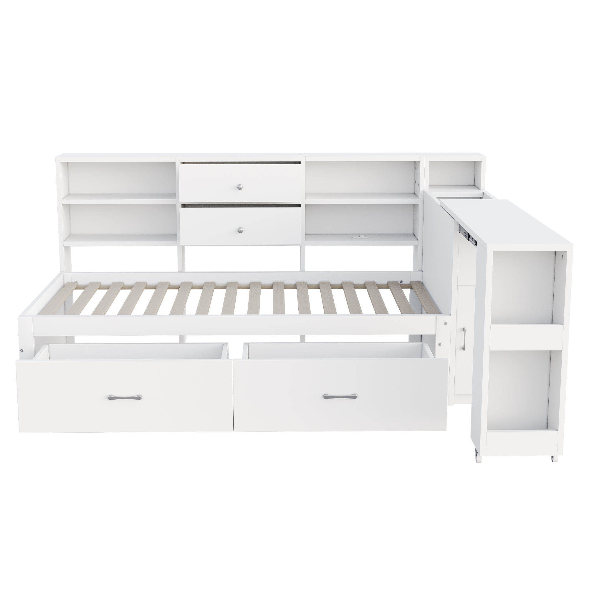 Wooden Sofa Bed 90x200cm Multifunctional Storage Pull-Out Desk, White