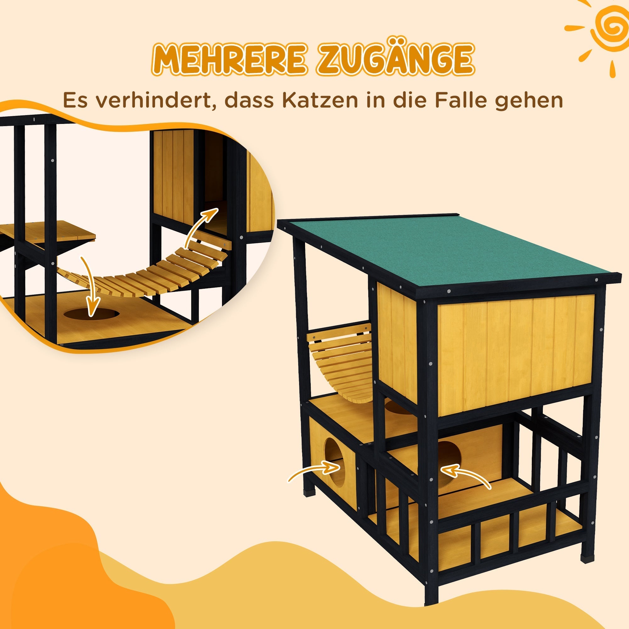 Katzenhaus mit Hängebrücke & Balkon, Wasserdicht, Gelbes Holz