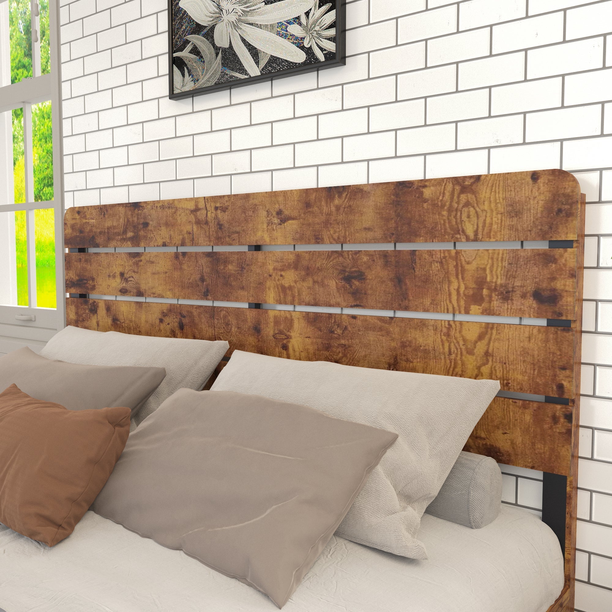 Wooden Double Bed 160x200cm Antique Frame High Headboard, Wood/Iron