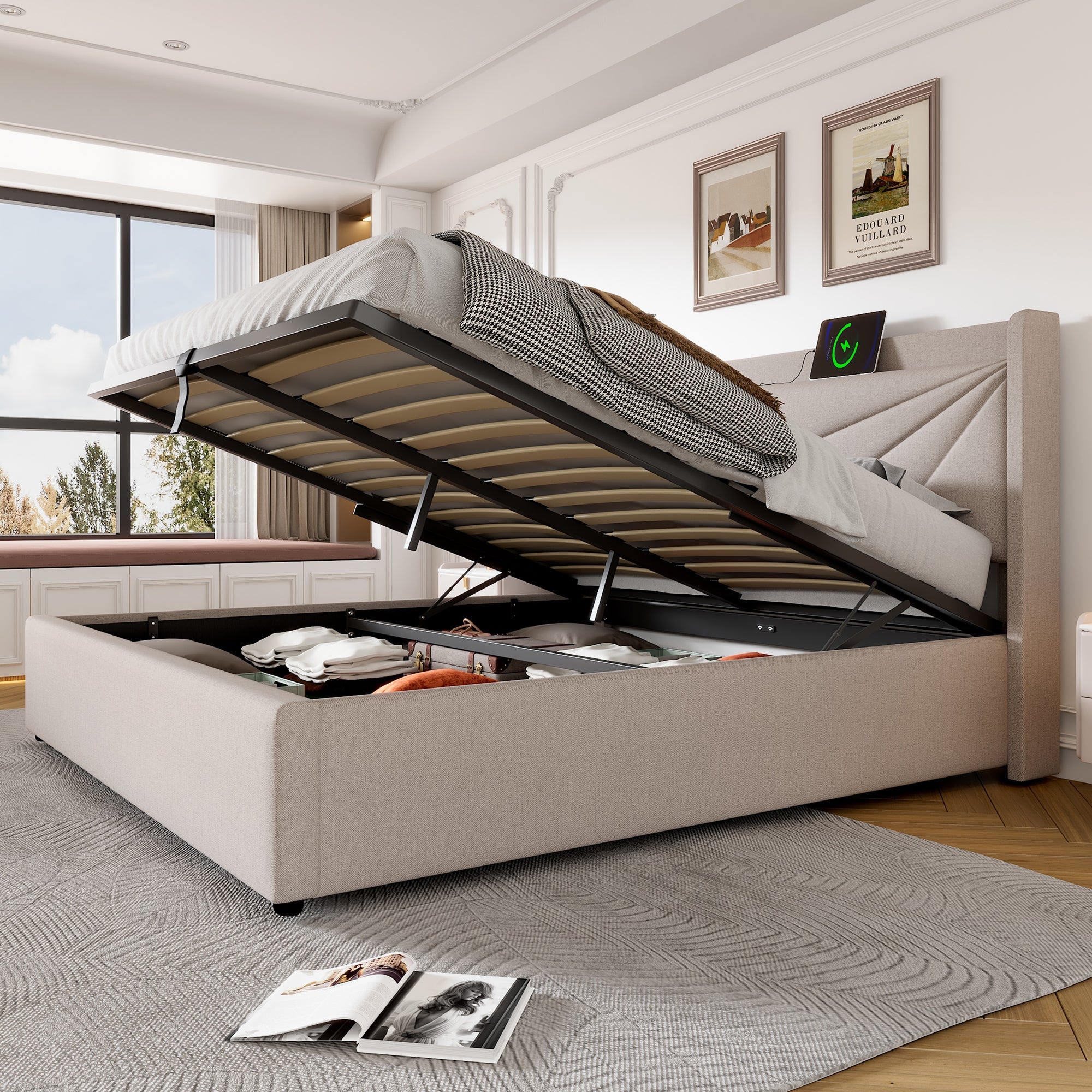 Upholstered Bed, Double with USB C Headboard, Storage, Linen