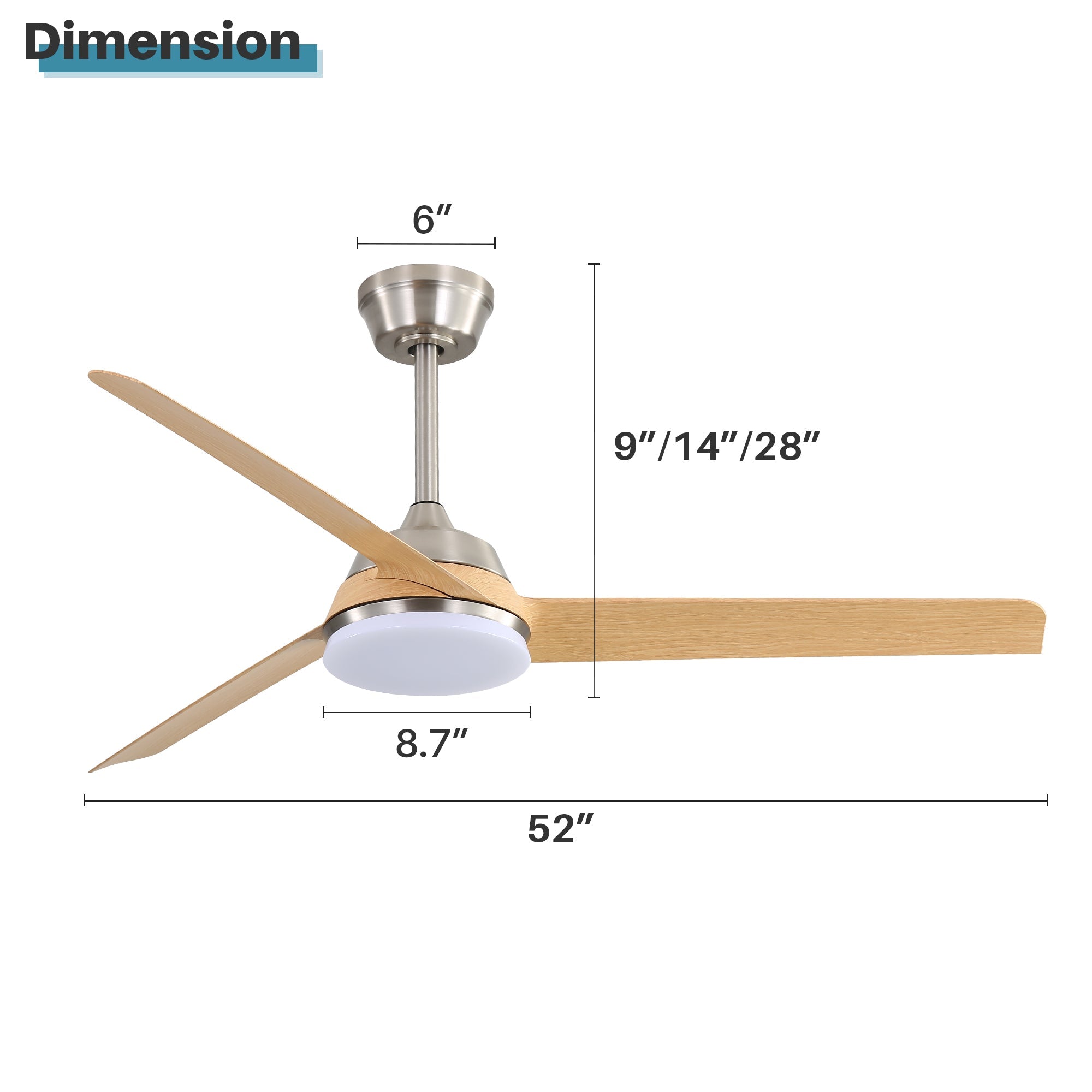 52-inch Ceiling Fan, 22W LED Light & Remote Control, 3 ABS Blades