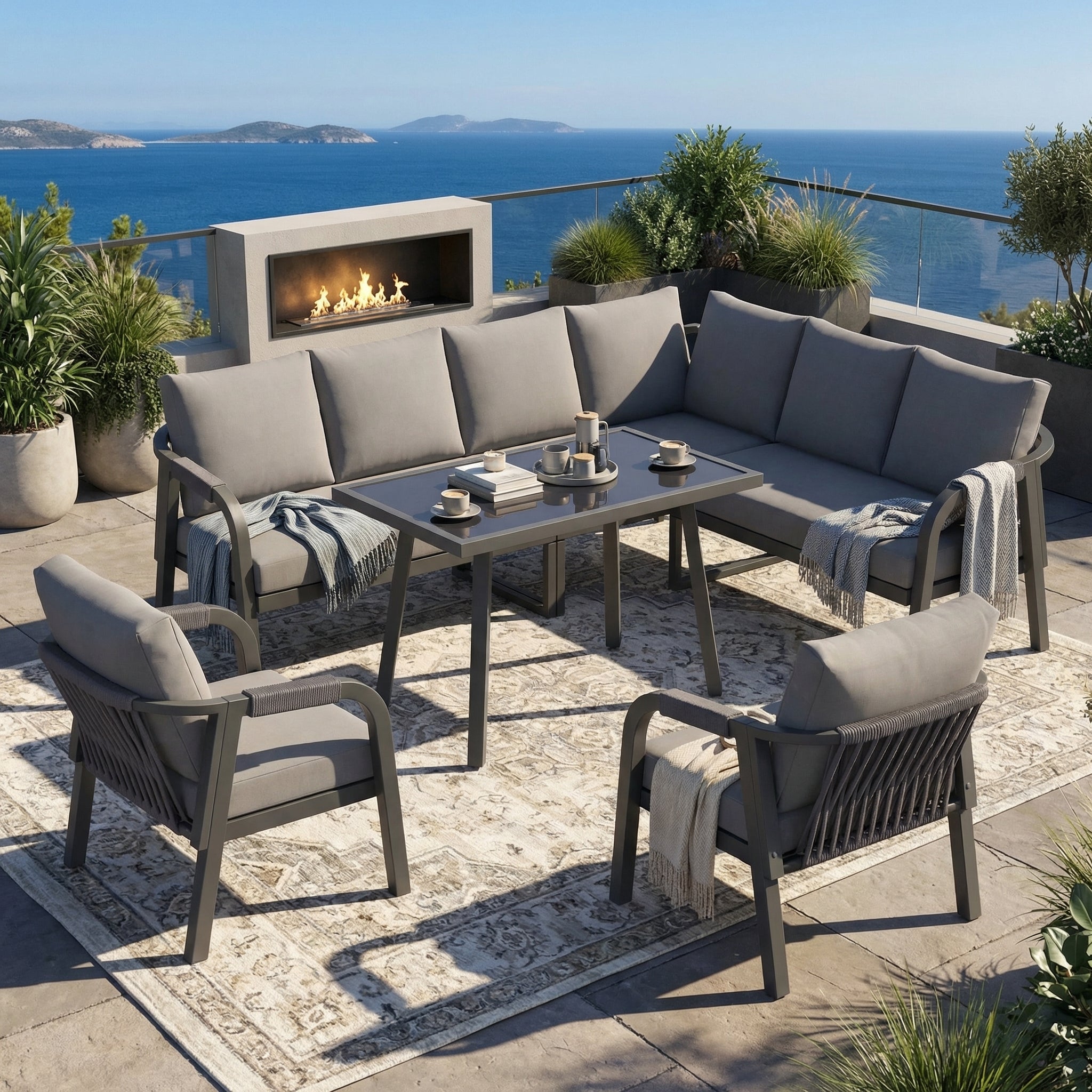 Garden Dining Set with Corner Sofa, Table and Two Armchairs, Seats up to 8, Grey Steel