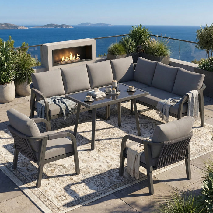 Garden Dining Set with Corner Sofa, Table and Two Armchairs, Seats up to 8, Grey Steel