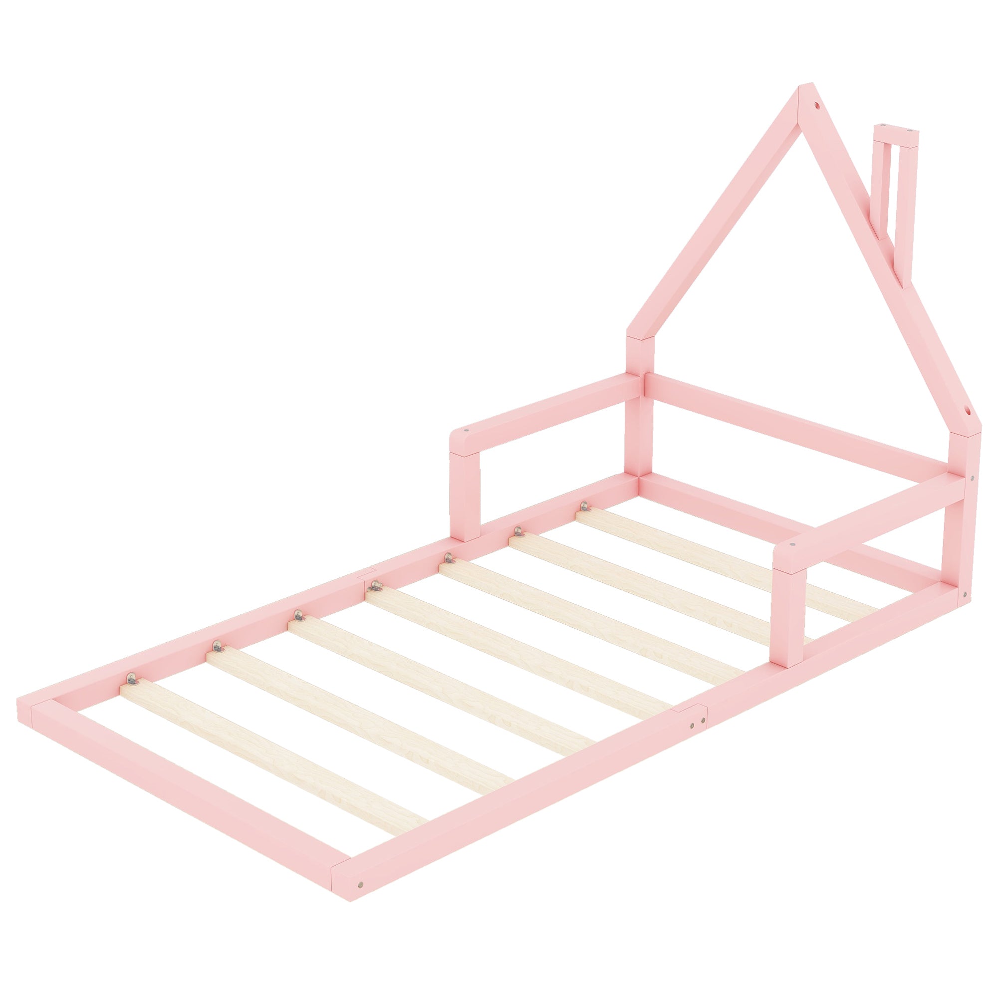 Children's bed, 90x200cm, flat bed, house shape, solid pine, pink