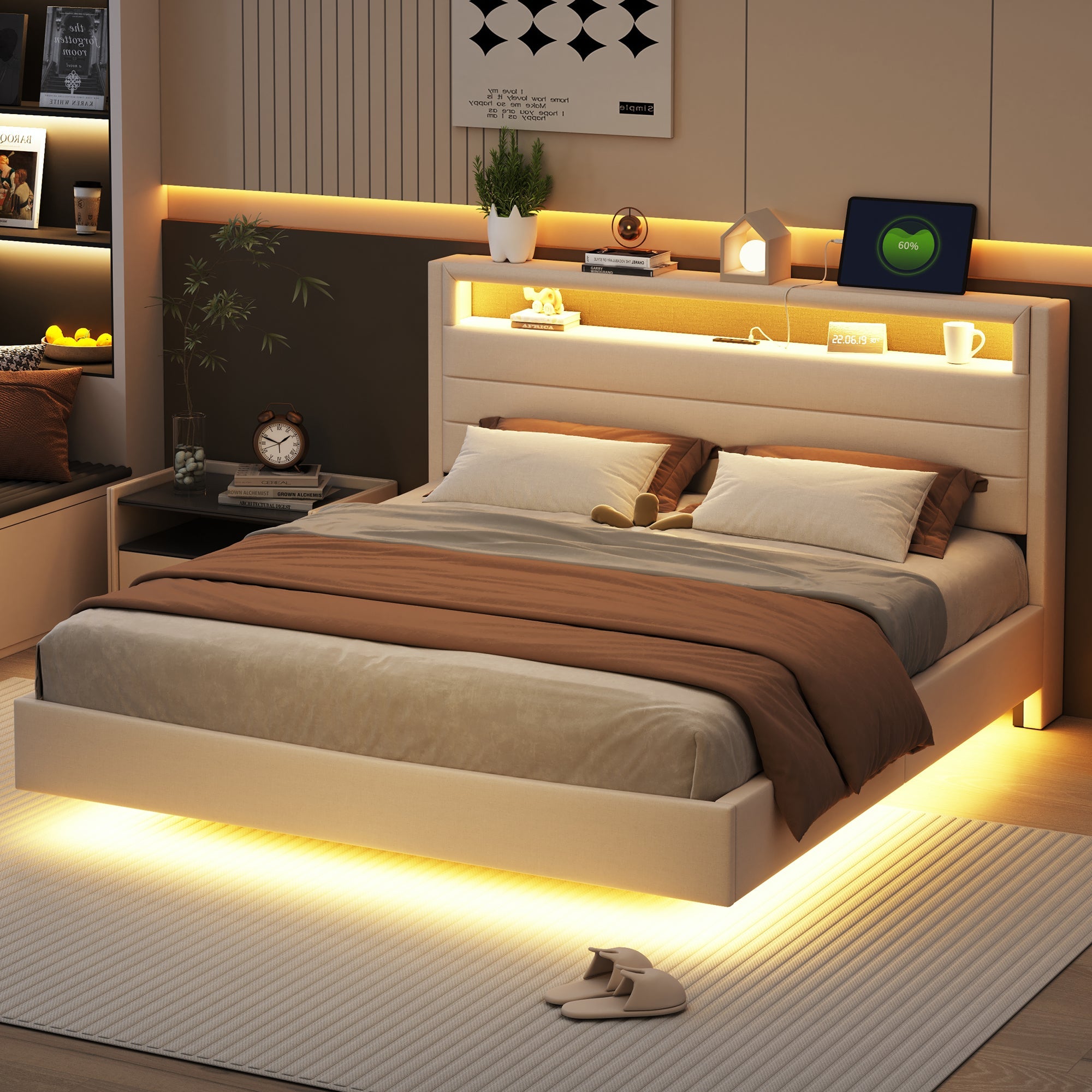 Upholstered Bed 160x200 cm, USB & LED, Reversible Headboard, Linen Fabric Beige