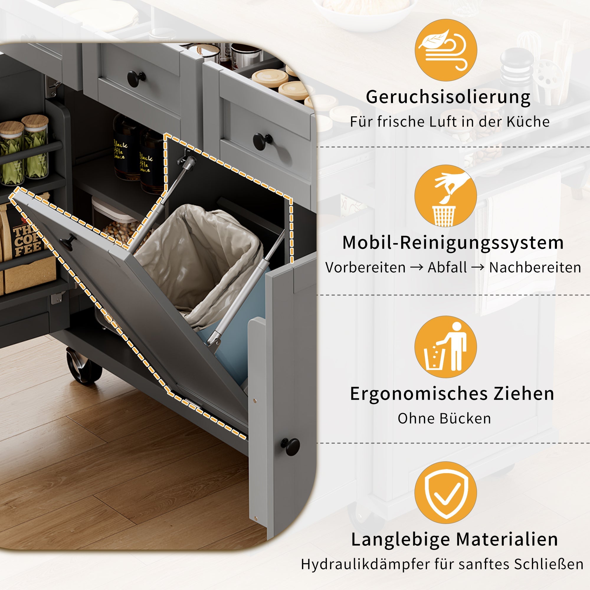 Kitchen Island with Wheels, Extendable Dining Area, Waste Bin & Drawers, Grey