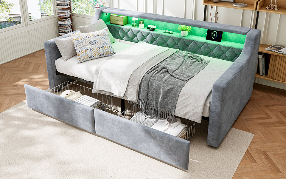 Upholstered Bed 3FT Single with Light Strip, Charging Port, 2 Drawers, Velvet Grey