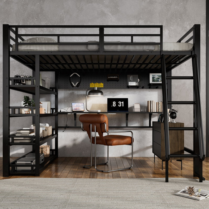 Iron Bed, Loft Bed with Storage, Charging Port, Ladder, Black Iron & Chipboard
