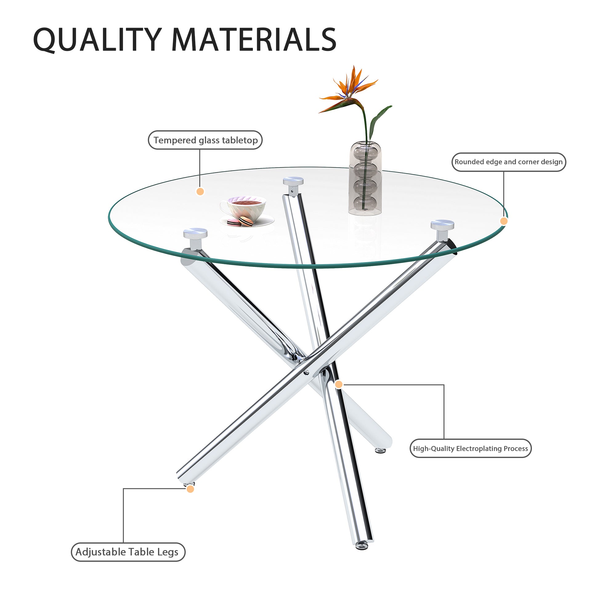 Round Dining Table 80x80x76cm Tempered Glass Metal Legs