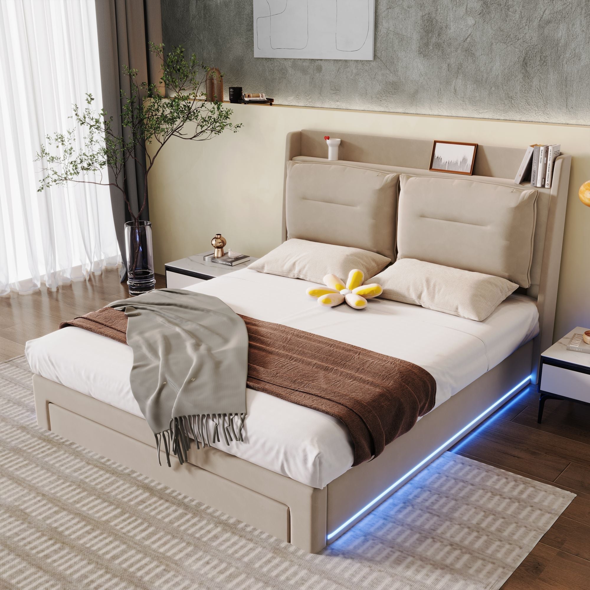Upholstered Bed 160x200 Hydraulic Storage LED Light Drawers - Velvet Beige