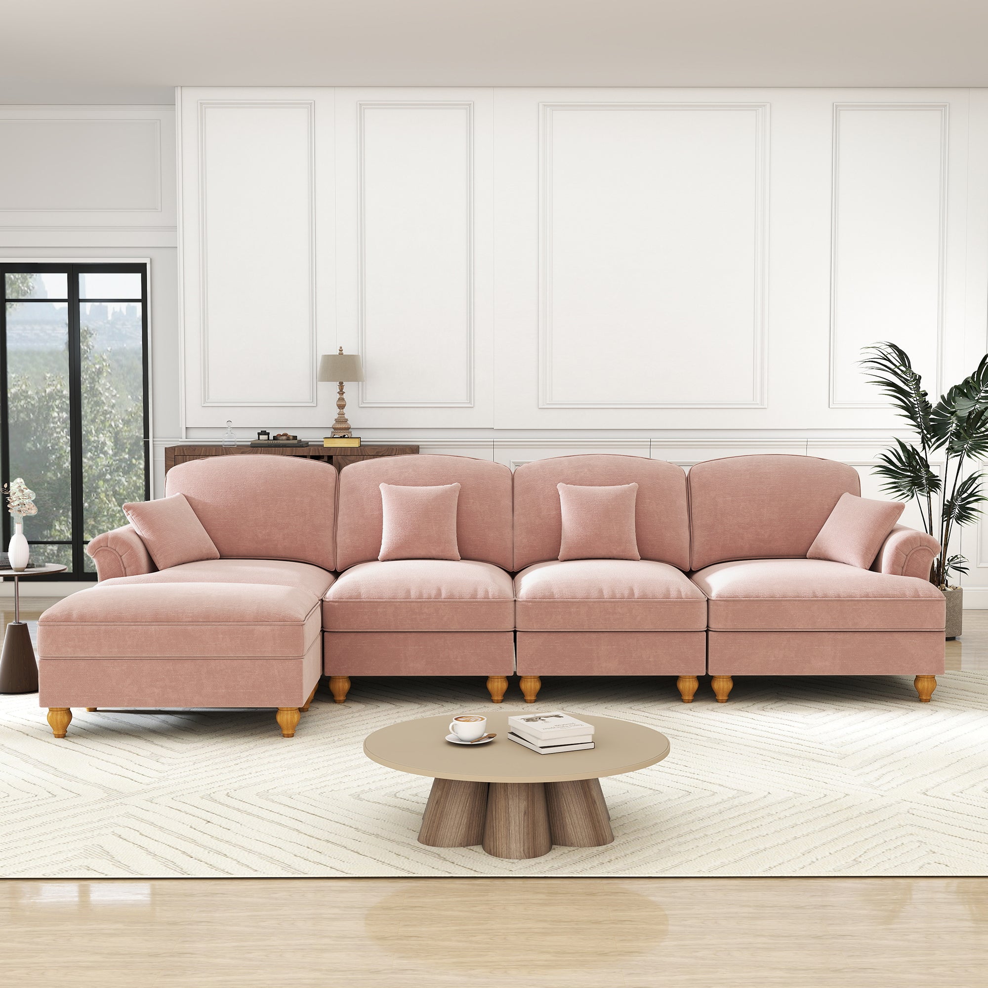 Classic Modular L-Shaped 4-Seater Sofa with Movable Ottoman Chenille Pink