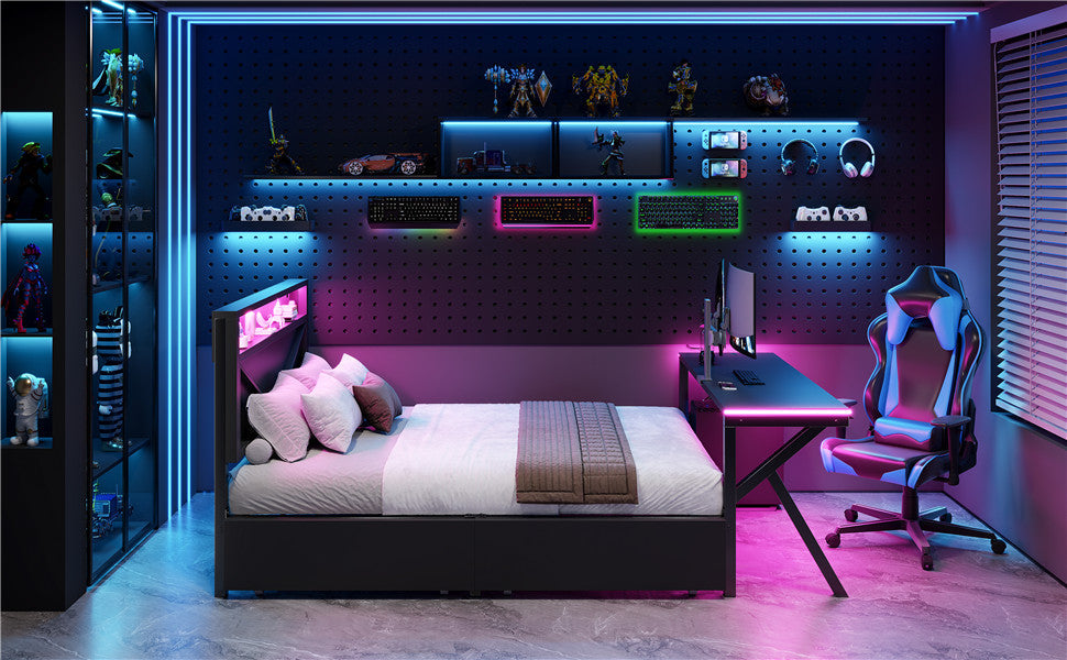 Gaming Platform Bed with LED Headboard, Desk and Drawers, Black Metal