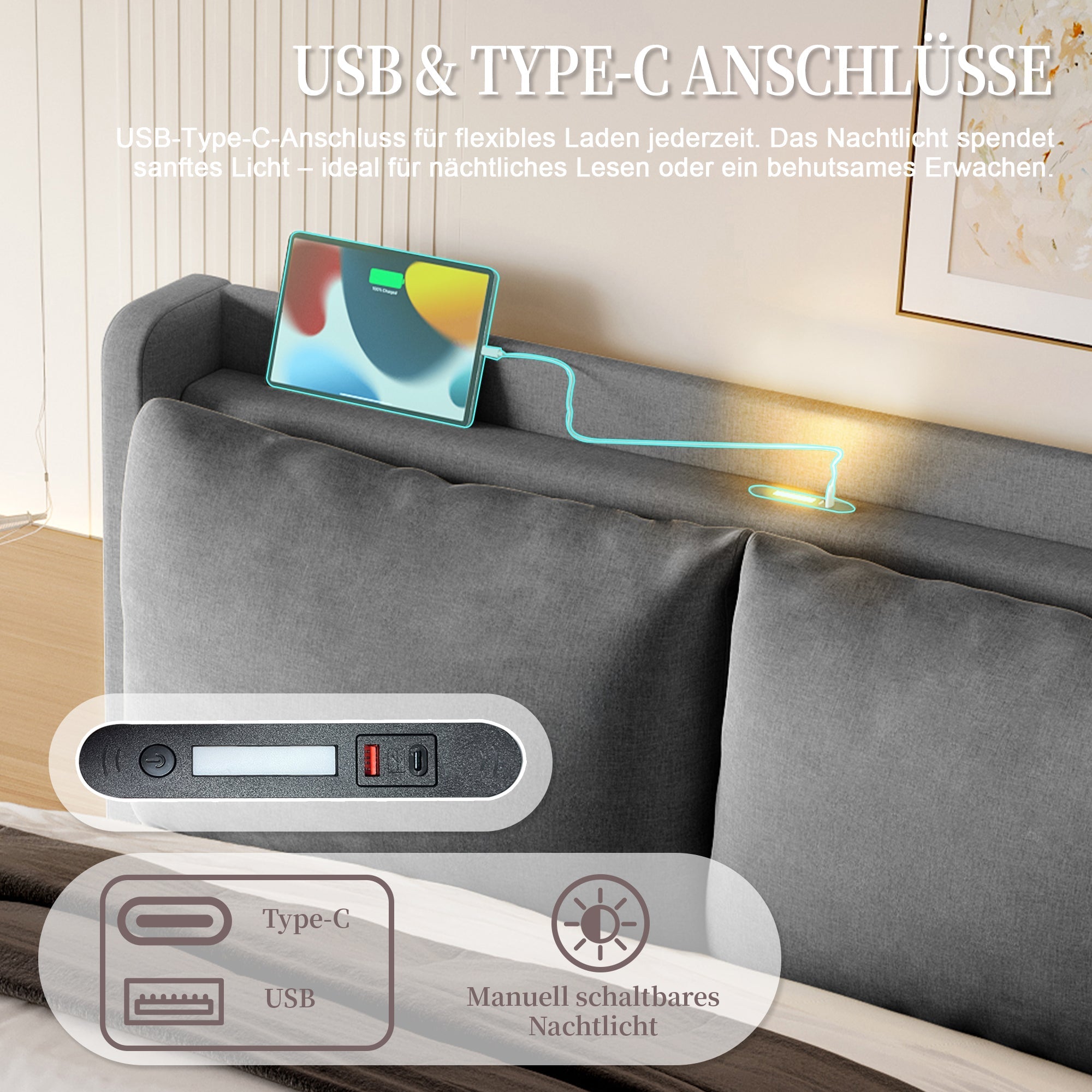 Upholstered Bed 140x190cm Storage LED USB-C Stylish Headboard - Modern