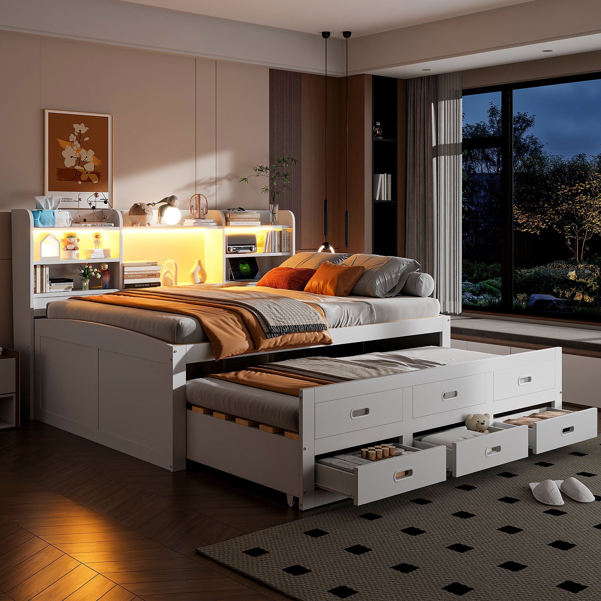 Daybed Sofa Bed 140x200cm Multifunctional Extendable with LED Lights 3 Drawers USB/Type-C White