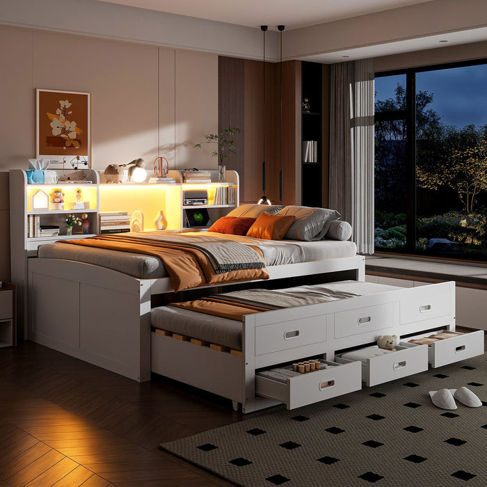 Daybed Sofa Bed 140x200cm Multifunctional Extendable with LED Lights 3 Drawers USB/Type-C White
