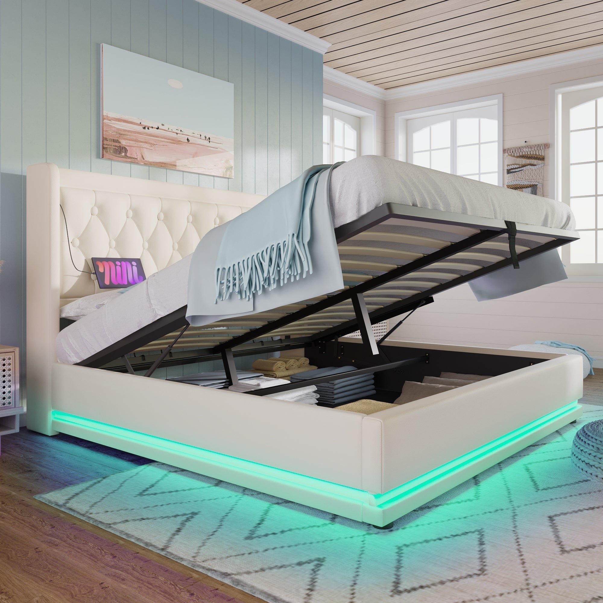 Upholstered Double Bed, Hydraulic Storage, USB-C Charging, LED, White PU