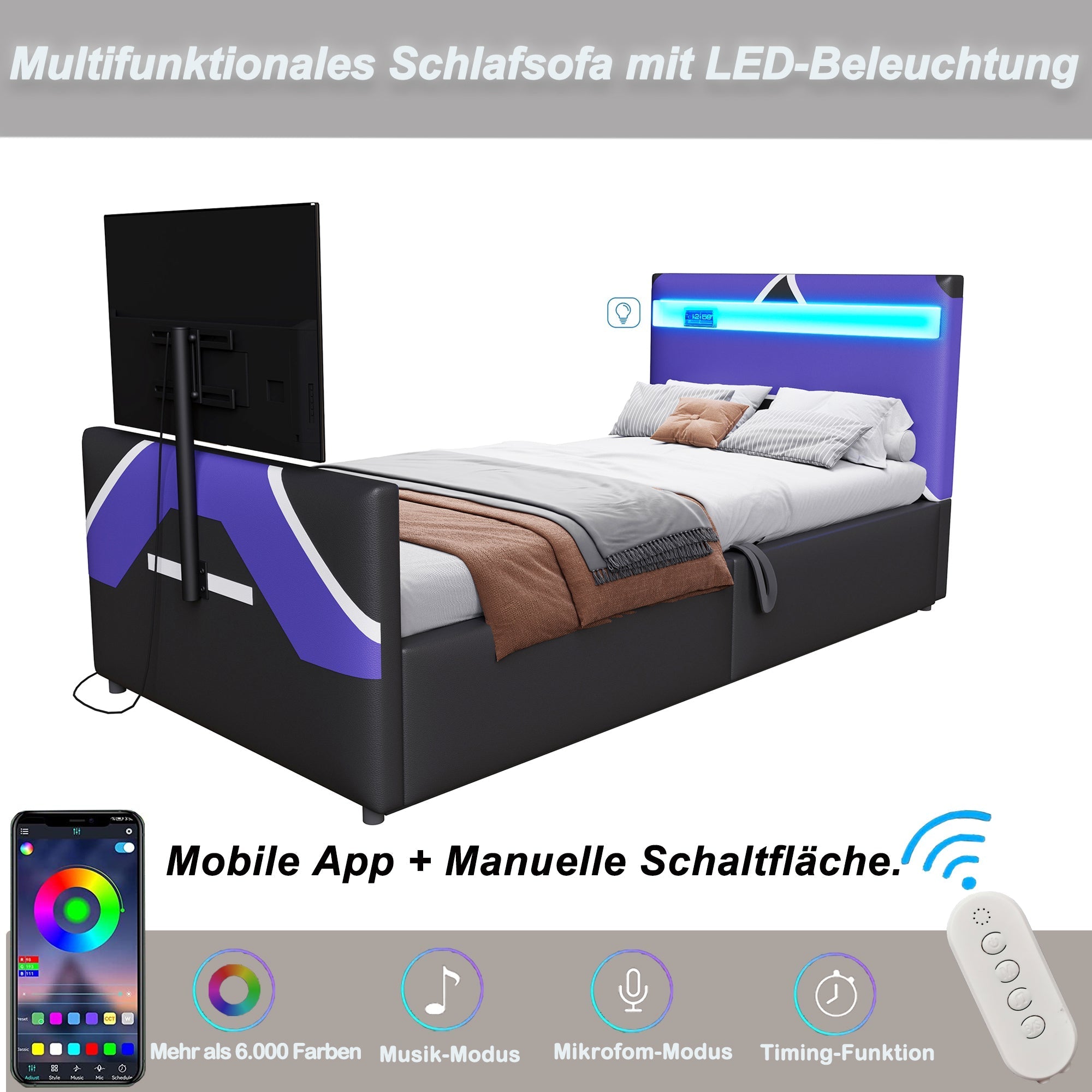 Multifunctional Gaming Bed with LED Lighting, Storage and TV Mount, PU Leather