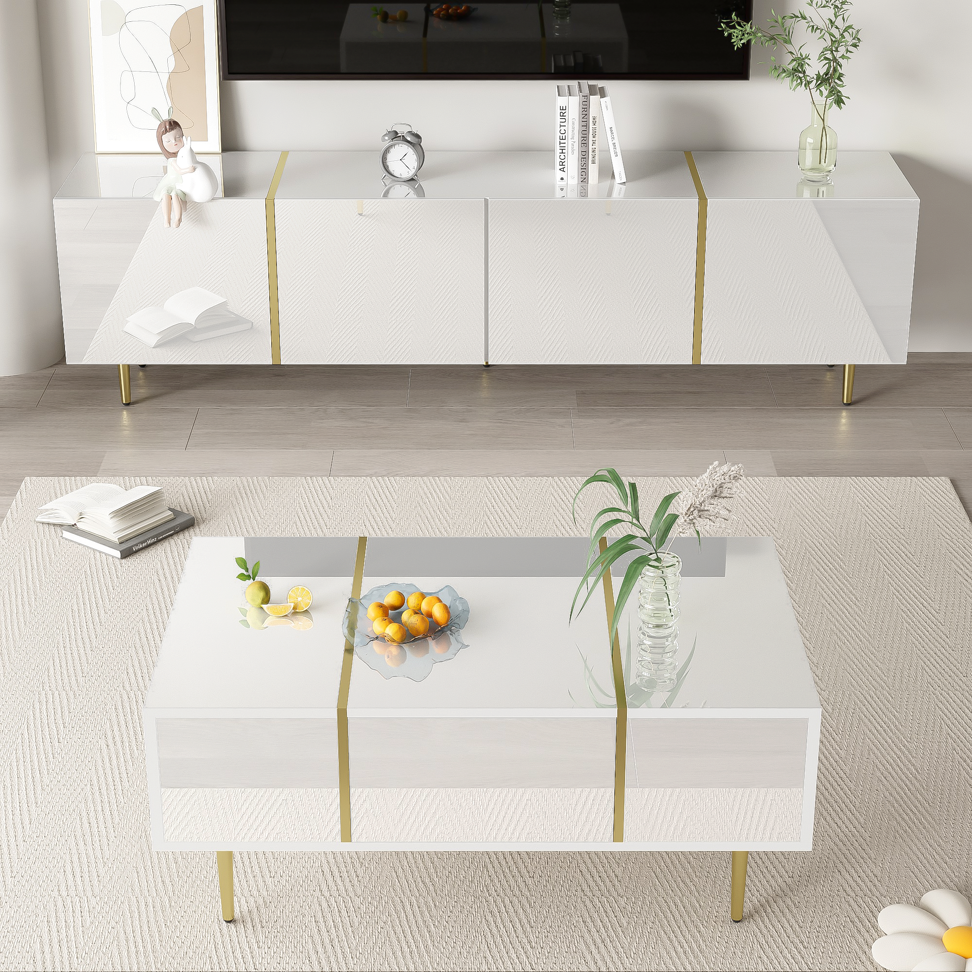 TV cabinet and coffee table set, modern high-gloss white