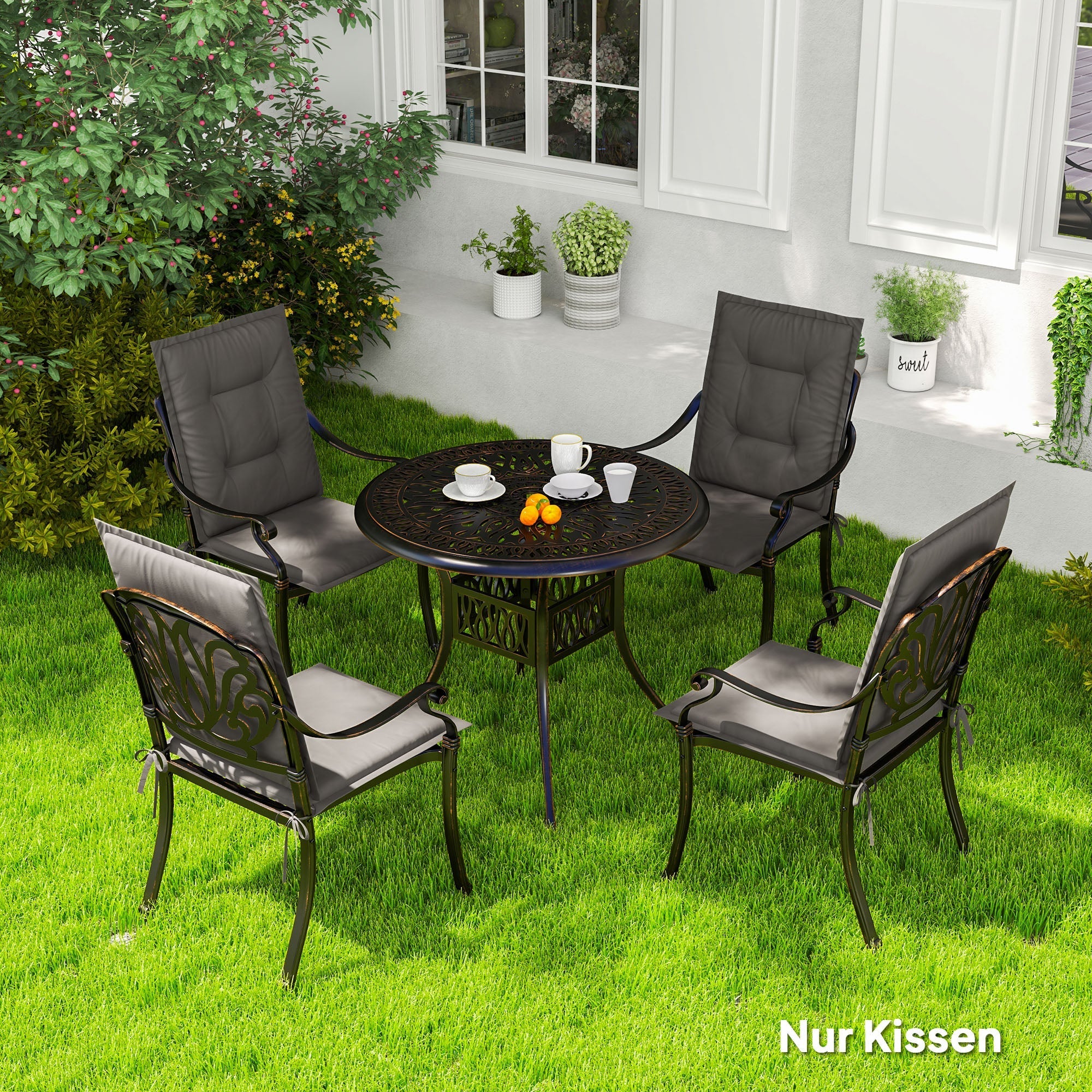 Sitzkissen, 4er-Pack, 108 x 50 x 5 cm, mit Bändern, Dunkelgrau