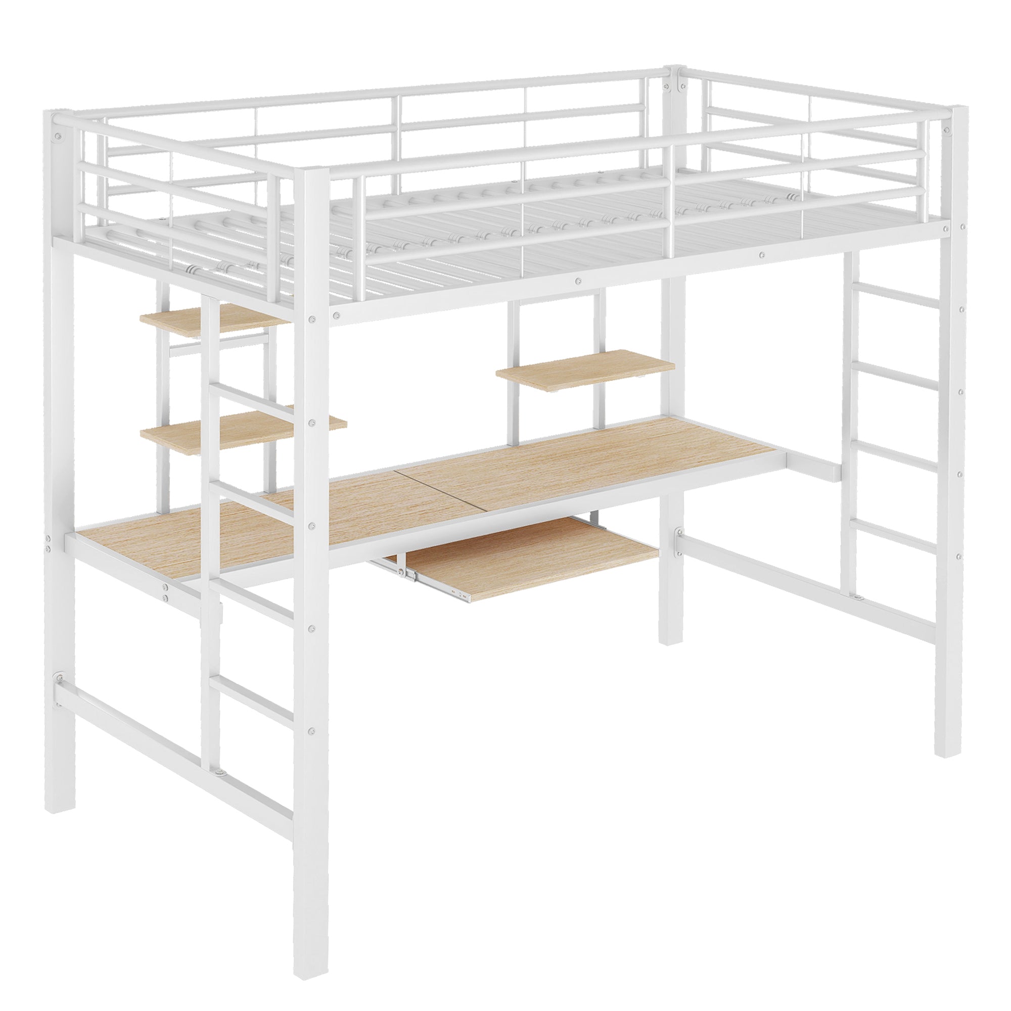 Loft Bed 90x200cm Metal Frame with Desk and 2 Bookshelves White