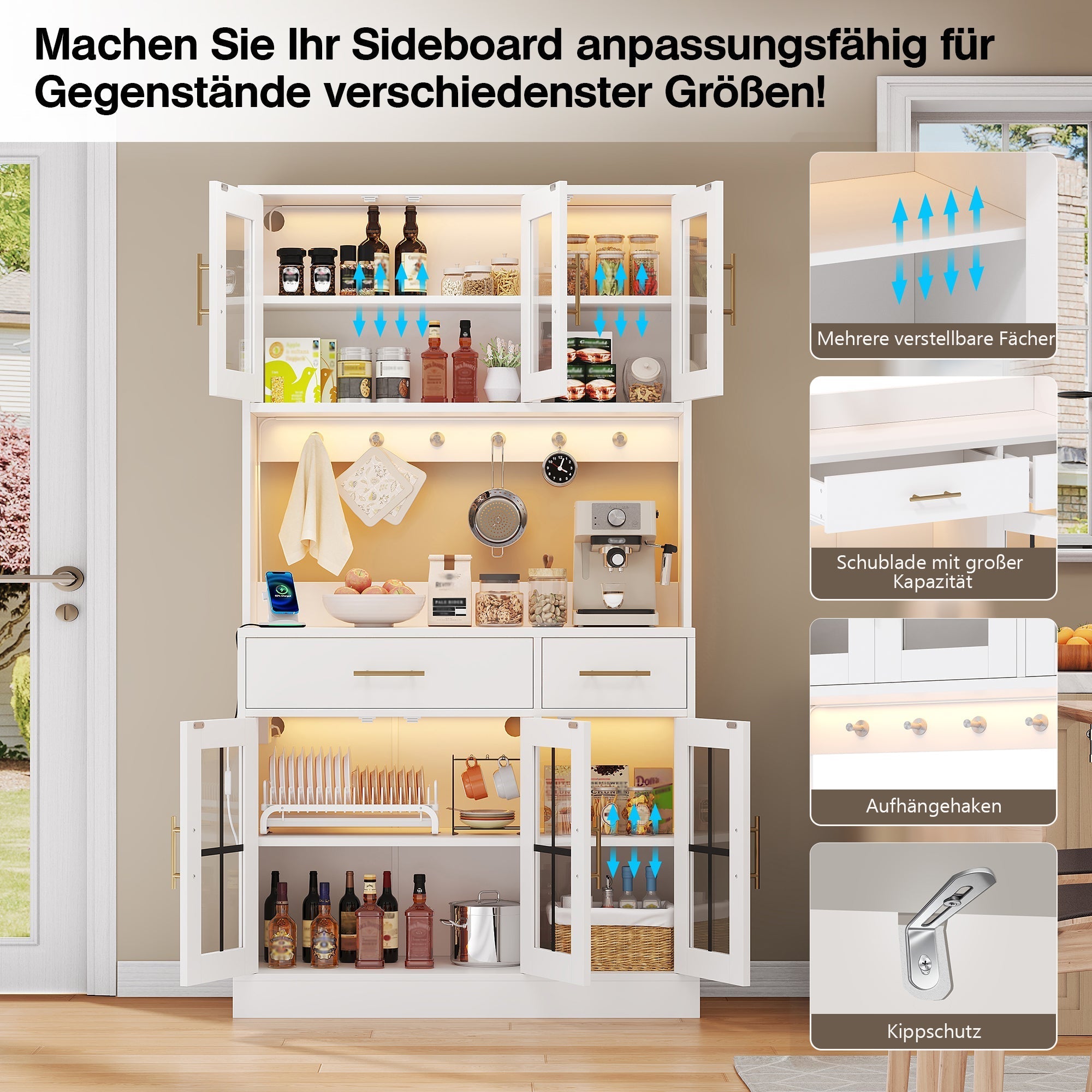 Kitchen Sideboard 180x100cm LED Socket 6 Doors 2 Drawers Adjustable Shelves - White