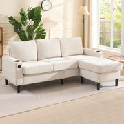 L-Shaped Couch Sofa, 3 Seater Sectional with USB & Cup Holder, Beige Fabric