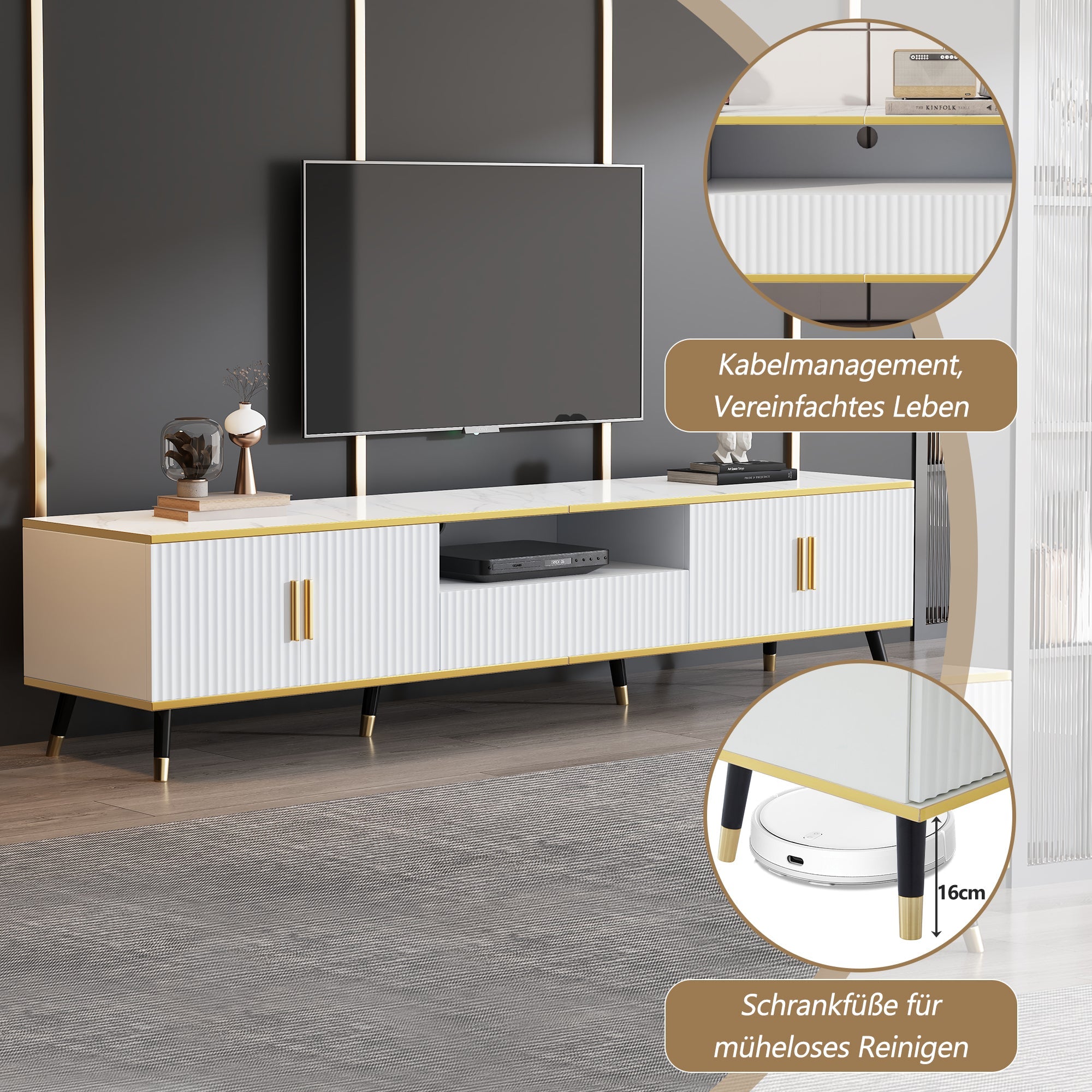 TV Cabinet, Modern Low with Marble Look, 200x40x46cm